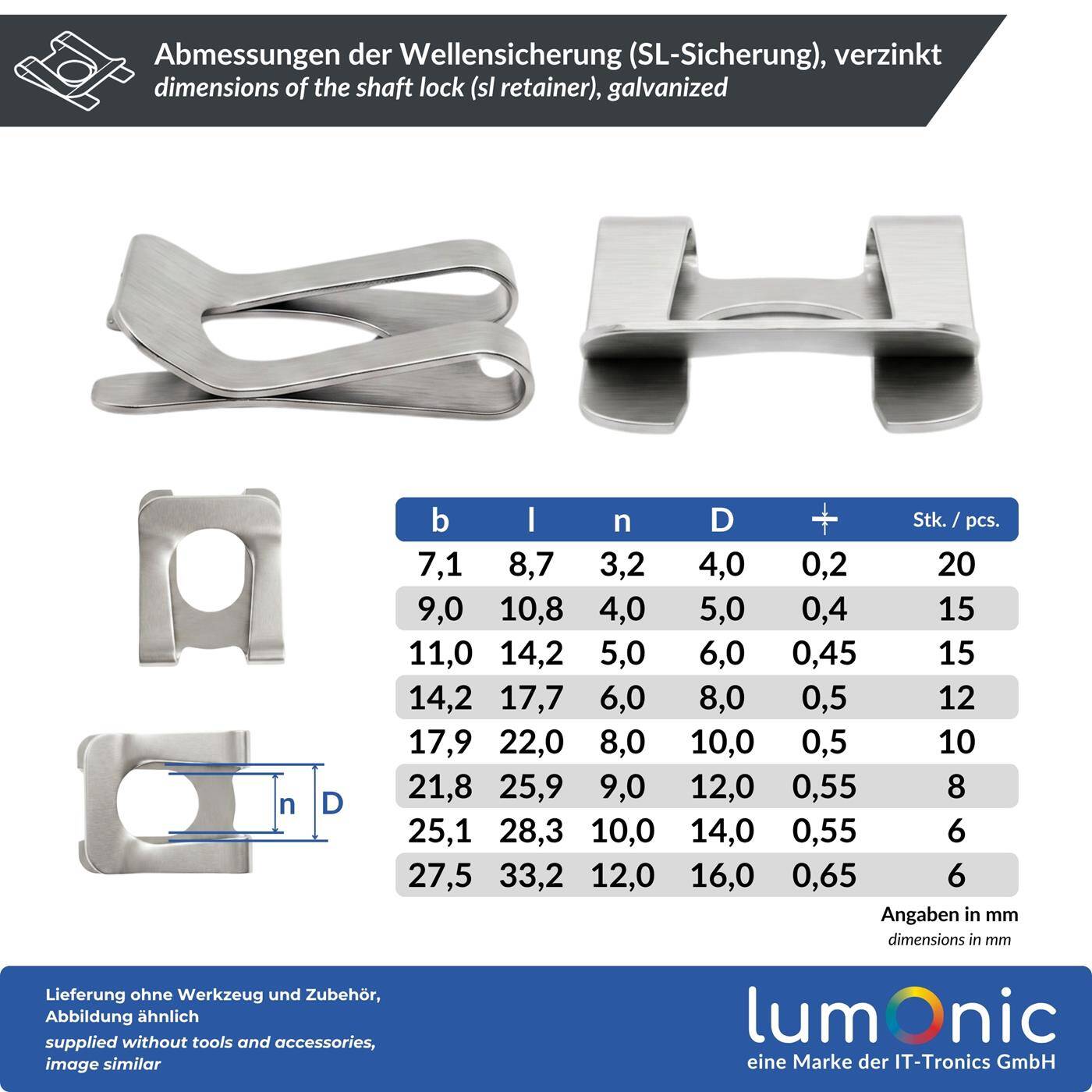 Lumonic SL Retaining Rings Assortment Box (92 pieces) for Shafts and Bolts, Ø 4–16 mm—Retaining washers for grooved shafts, galvanized spring steel, tool-free installation, for garage doors and lawn mowers