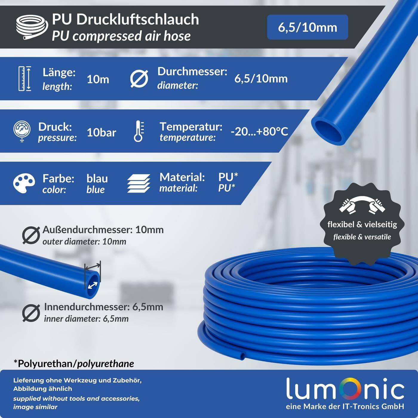 10m Druckluftschlauch PU 6,5/10mm Maschinenbau Pneumatiksysteme Werkstatt PU Schlauch Polyurethan flexibel, abriebfest