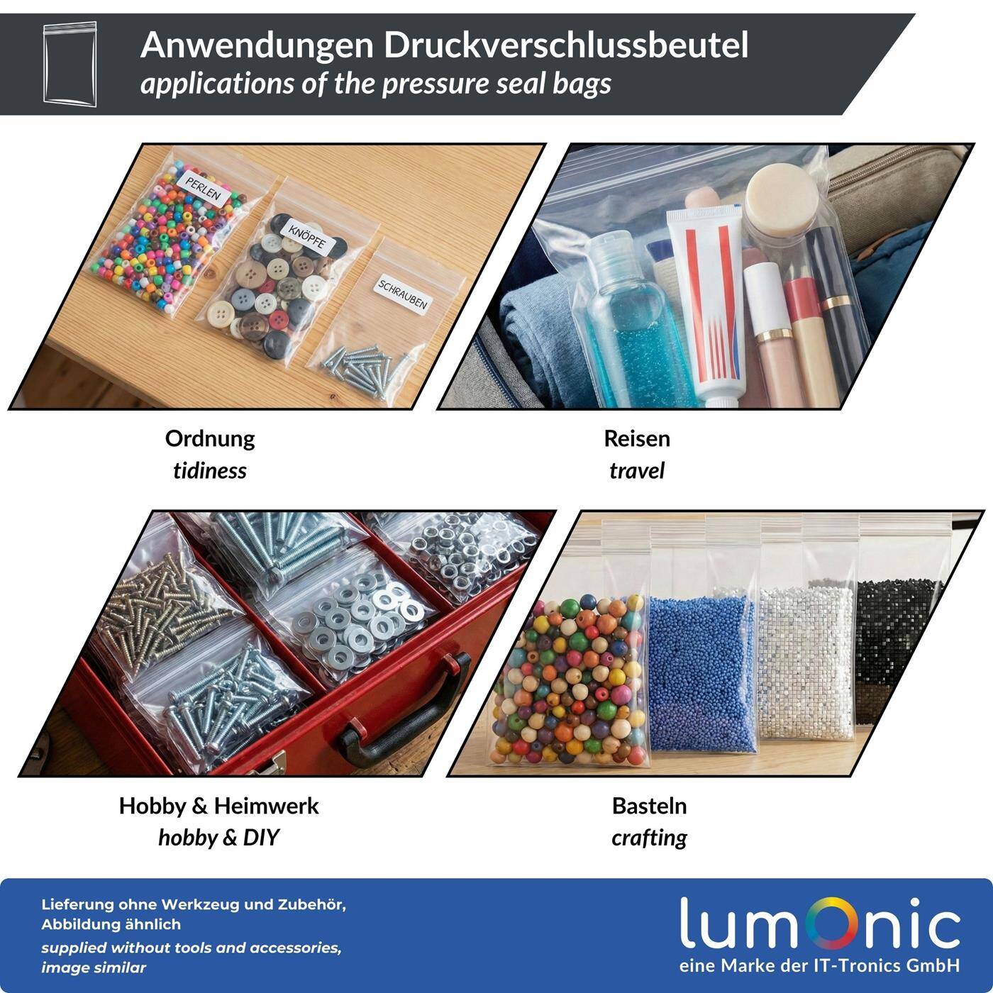 100x Lumonic Pressure seal bag 120x170mm | extra strong 90µm| Transparent, tear-resistant + odorless | Zip bag for small parts, travel, storage