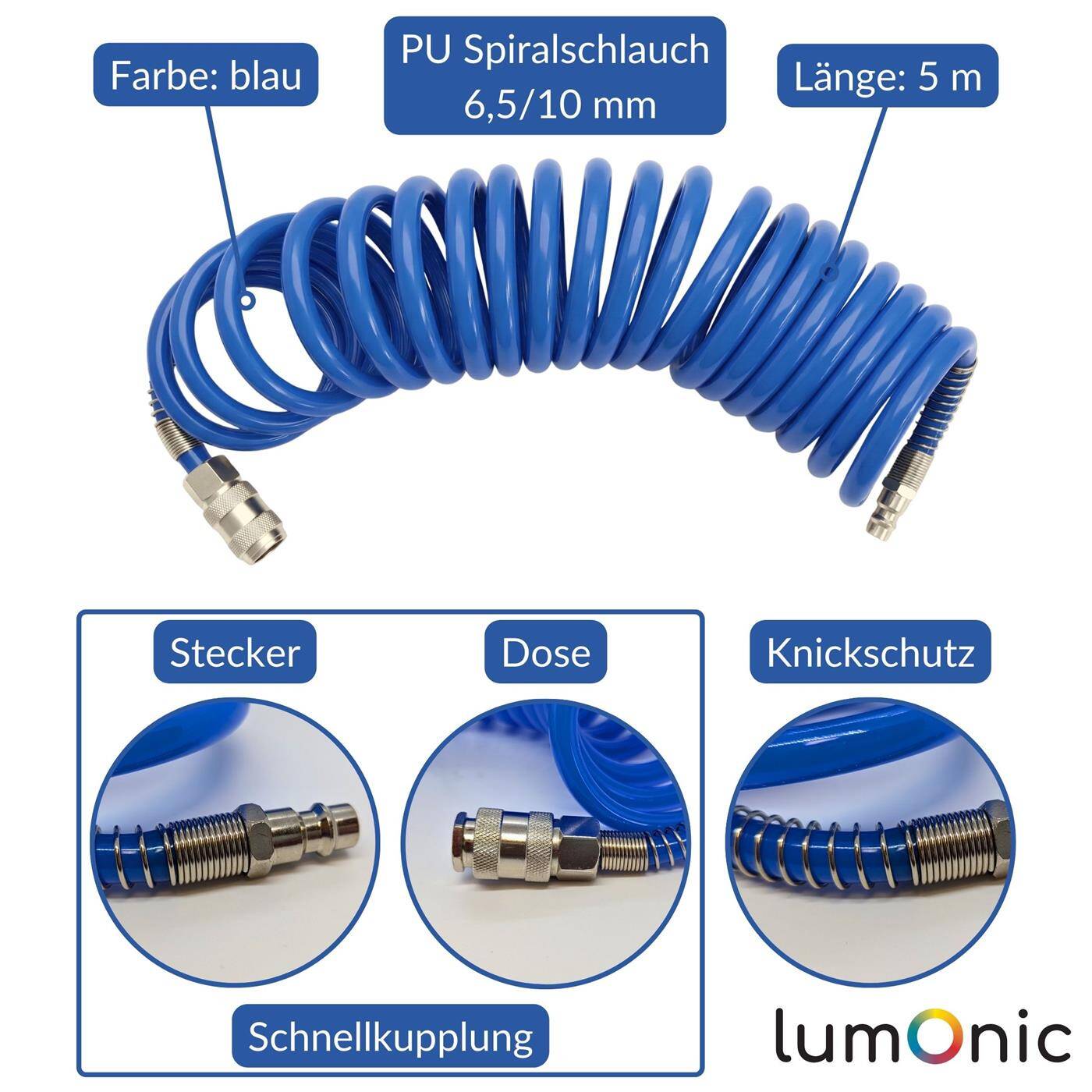 Lumonic I PU Spiralschlauch mit Schnellkupplung I 6,5mm/10mm I 5m I für Kompressoren und Druckluftwerkzeuge I flexibel, abriebfest I Druckluftverlängerung I Dose & Stecker