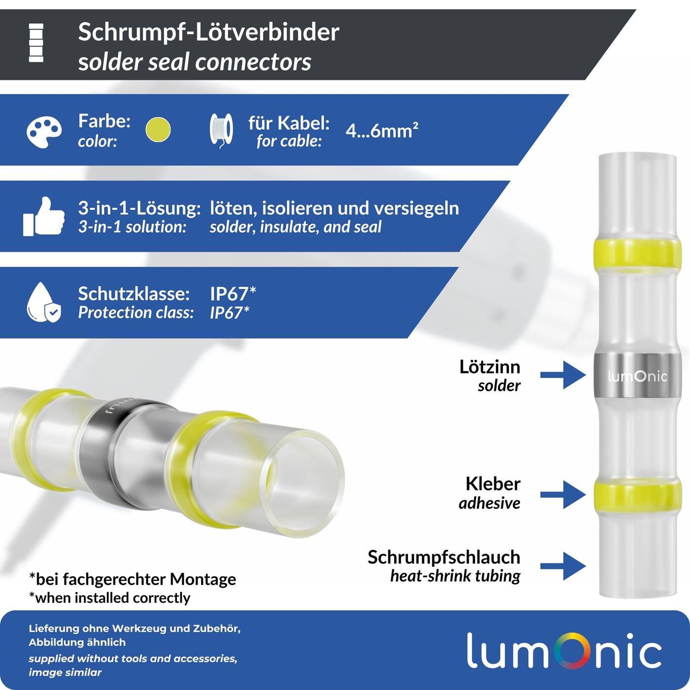 Lumonic 10x Schrumpf Lötverbinder  mit Schrumpfschlauch | 4-6mm² | Gelb | WarmSchrumpf Kabelverbinder | Wasserdicht IP67 | Kabel Reparatur