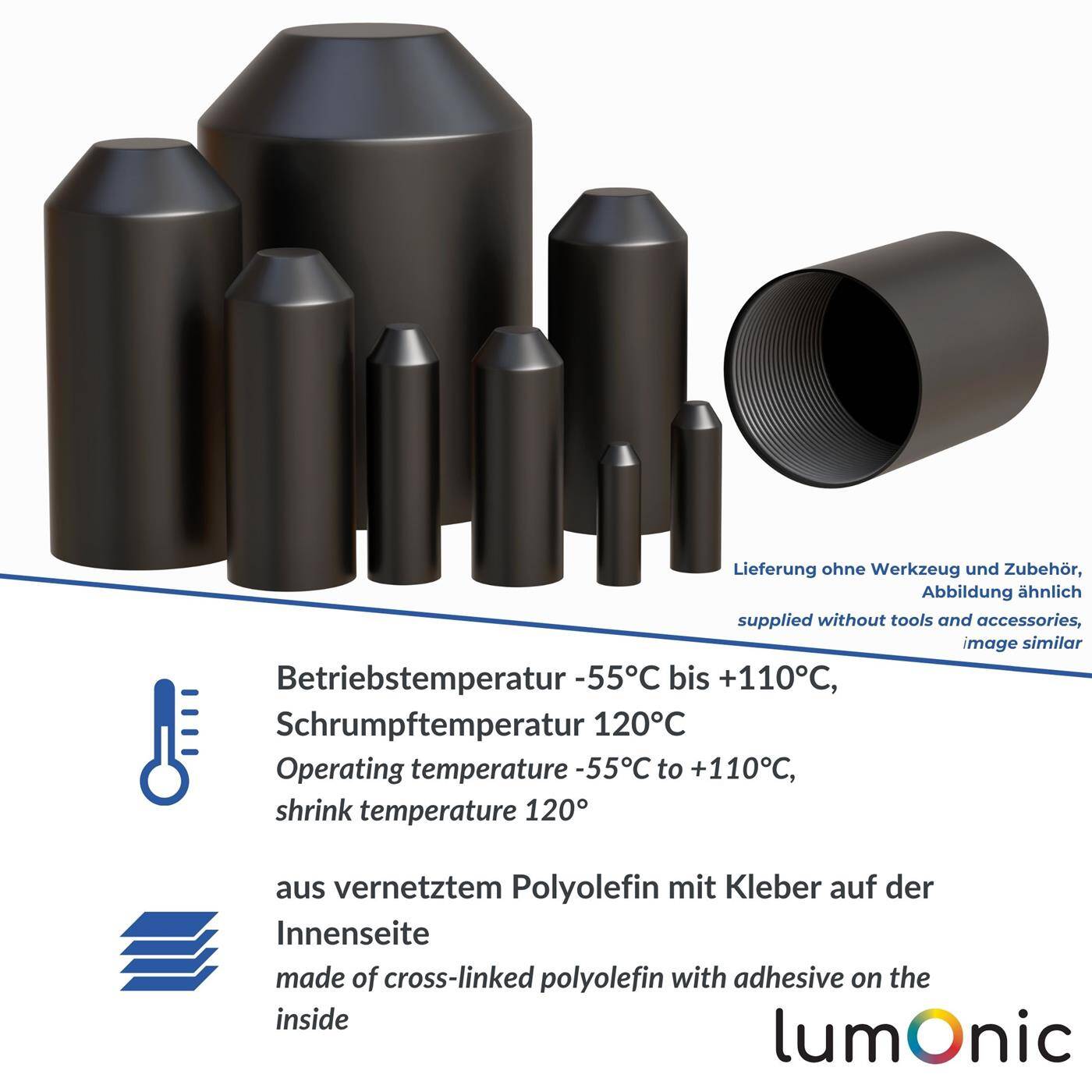 Heat-shrink end cap with adhesive 55 -> 25mm black Ratio 2:1 cross-linked polyolefin Shrink cap for cables, pipes and ropes