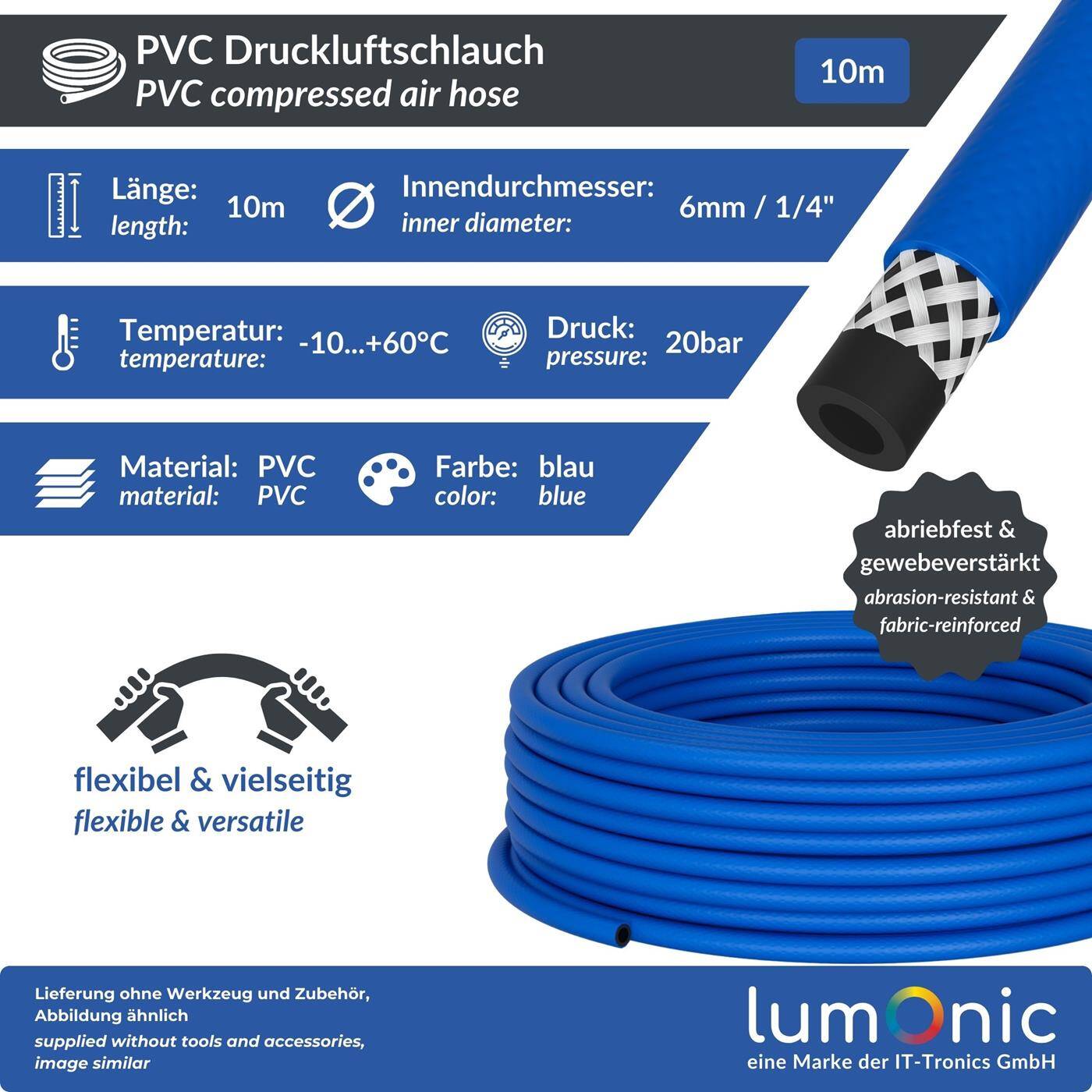10m Druckluftschlauch 6mm Druckluft & Bewässerung Wasserschlauch PVC Schlauch bis 20 bar flexibel, abriebfest und gewebeverstärkt