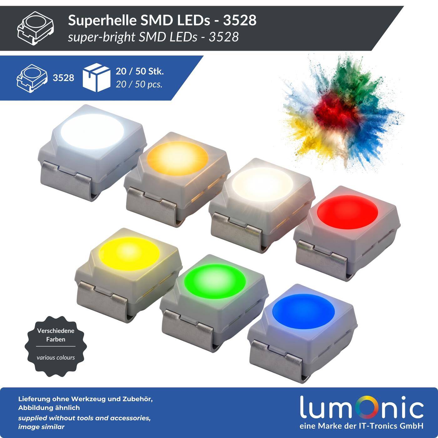 Lumonic 50x Superhelle LEDs vom Typ SMD 3528 PLCC2 - High Power LEDs zum selber Löten DIY in Farbe Kalt-Weiß 6000K - Maße: 3,5x2,8mm