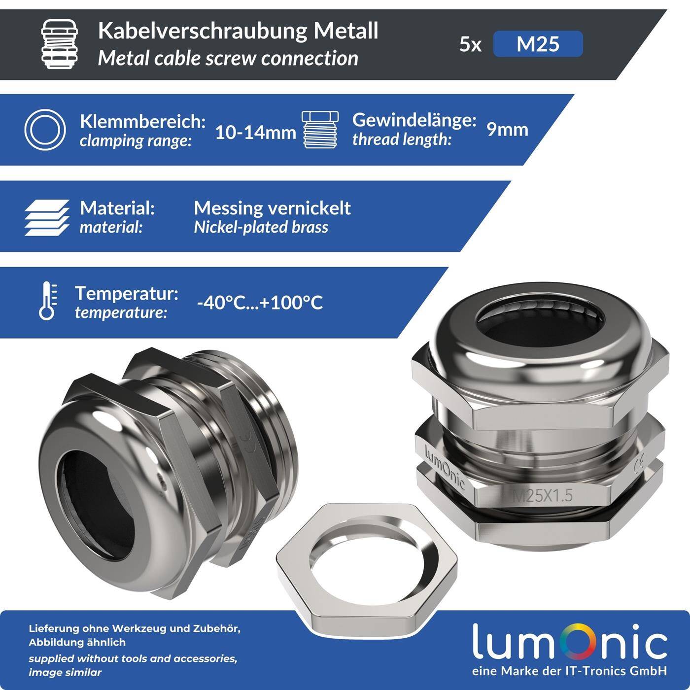 Lumonic Set of 5 metal cable glands M25 | Clamping range 10-14mm | IP68 | with locknut | Nickel-plated brass, EMC | -40...+100°C | corresponds to PG16