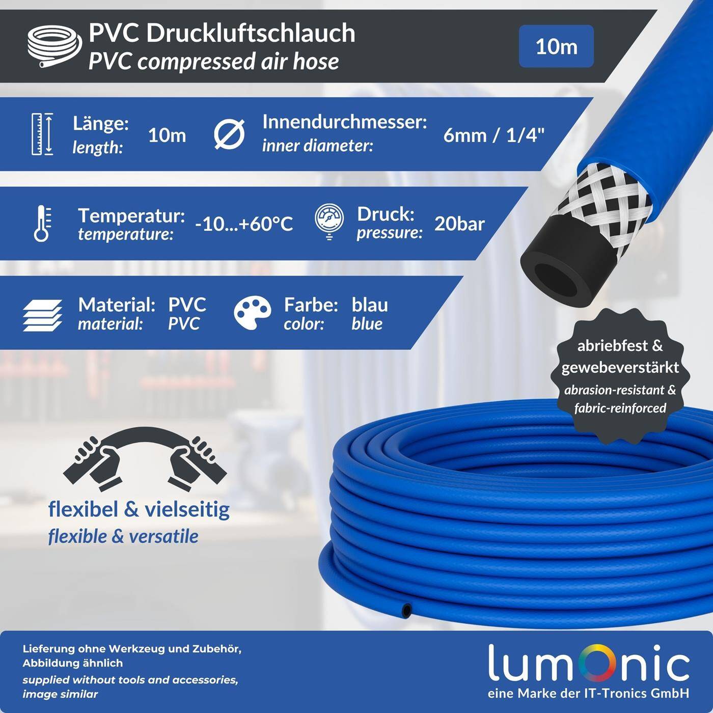 10m Druckluftschlauch 6mm Druckluft & Bewässerung Wasserschlauch PVC Schlauch bis 20 bar flexibel, abriebfest und gewebeverstärkt