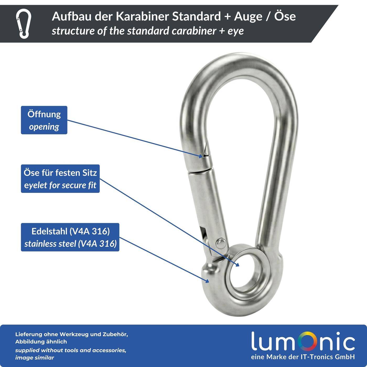 Carabiner with eye V4A stainless steel 10x100mm Stainless + seawater resistant Prevents annoying twisting for awning hammock dog camping