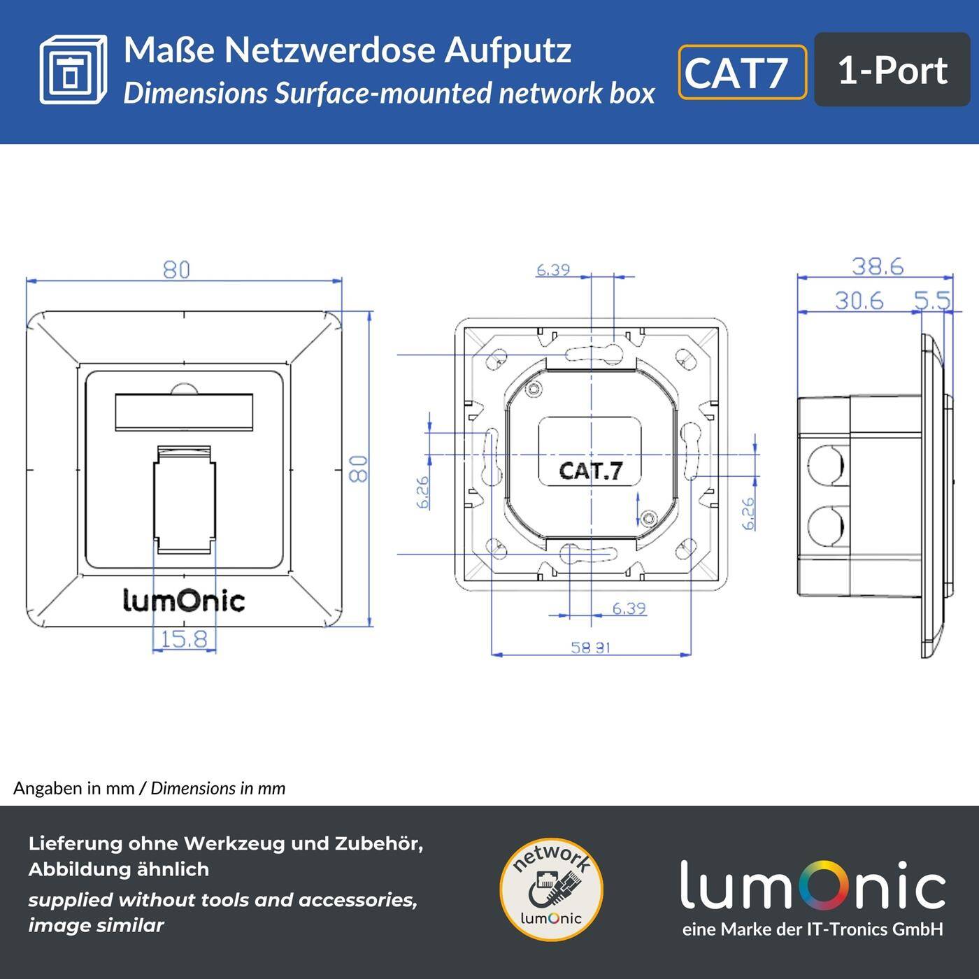 10er Set Netzwerkdose Aufputz CAT7, 1-Port RJ45, ohne Stemmen nachrüsten, LSA-Montage, T568A/B farbcodiert, ABS Kunststoffgehäuse, weiß, Ethernet-Dose bis zu 10 Gbit/s
