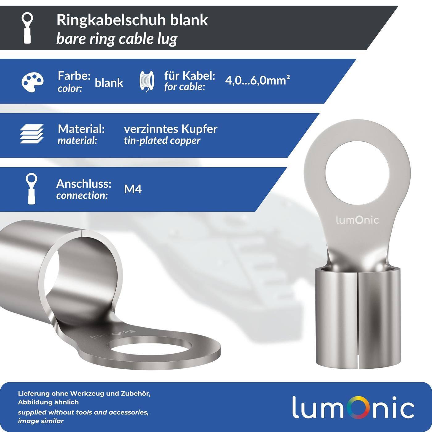 Lumonic 25x Ringkabelschuh 4,0-6,0mm² blank | M4 | Kupfer verzinnt | sichere Kabelverbindung ohne Löten | Crimp-Kabelschuh unisoliert | KFZ, Maschinenbau, Wohnmobil, Batterie