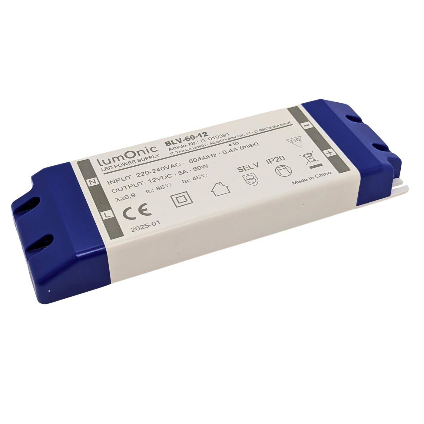 Lumonic I LED transformer BLV-60-12 I 12V 60W I Input 220-230VAC I flicker-free I Overload protection I LED power supply unit I for LED lighting
