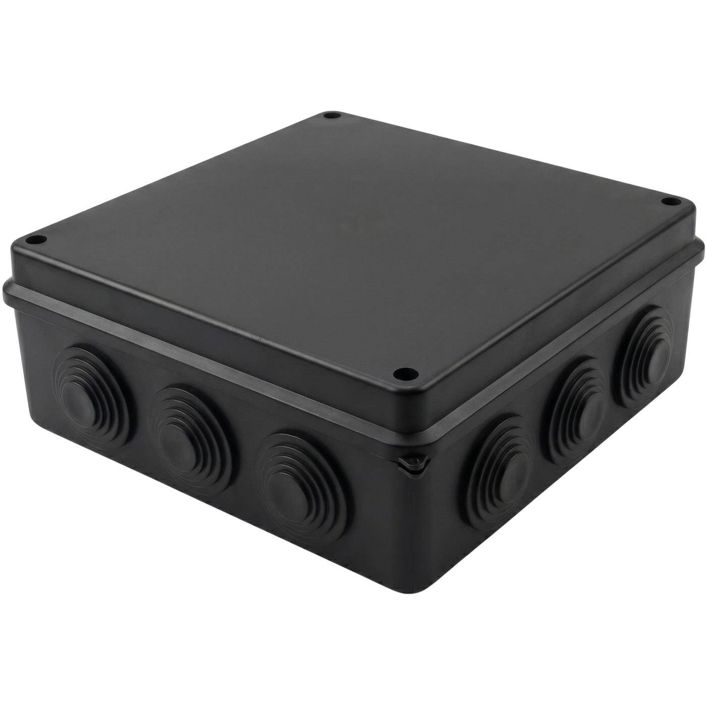 Lumonic Surface-mounted junction box IP65 black | extra large, 200x200x80mm, 12 cable entries | Screwed lid | High-quality PVC | Large interior space for top-hat rails, terminal blocks and actuators