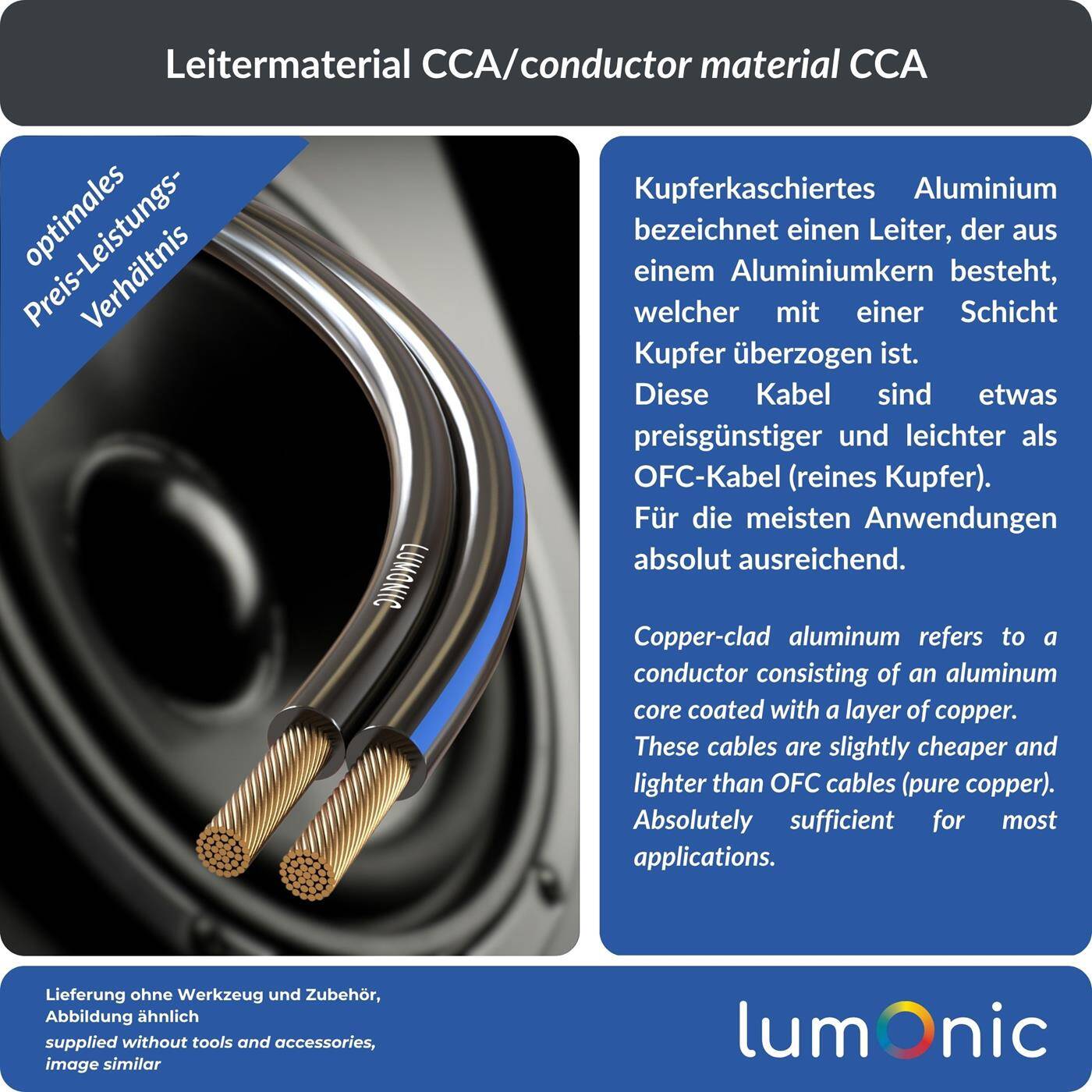 Lumonic Speaker cables | 100m Black | 2x 0,5mm² CCA | Blue marking HiFi speaker cable | Audio twin line
