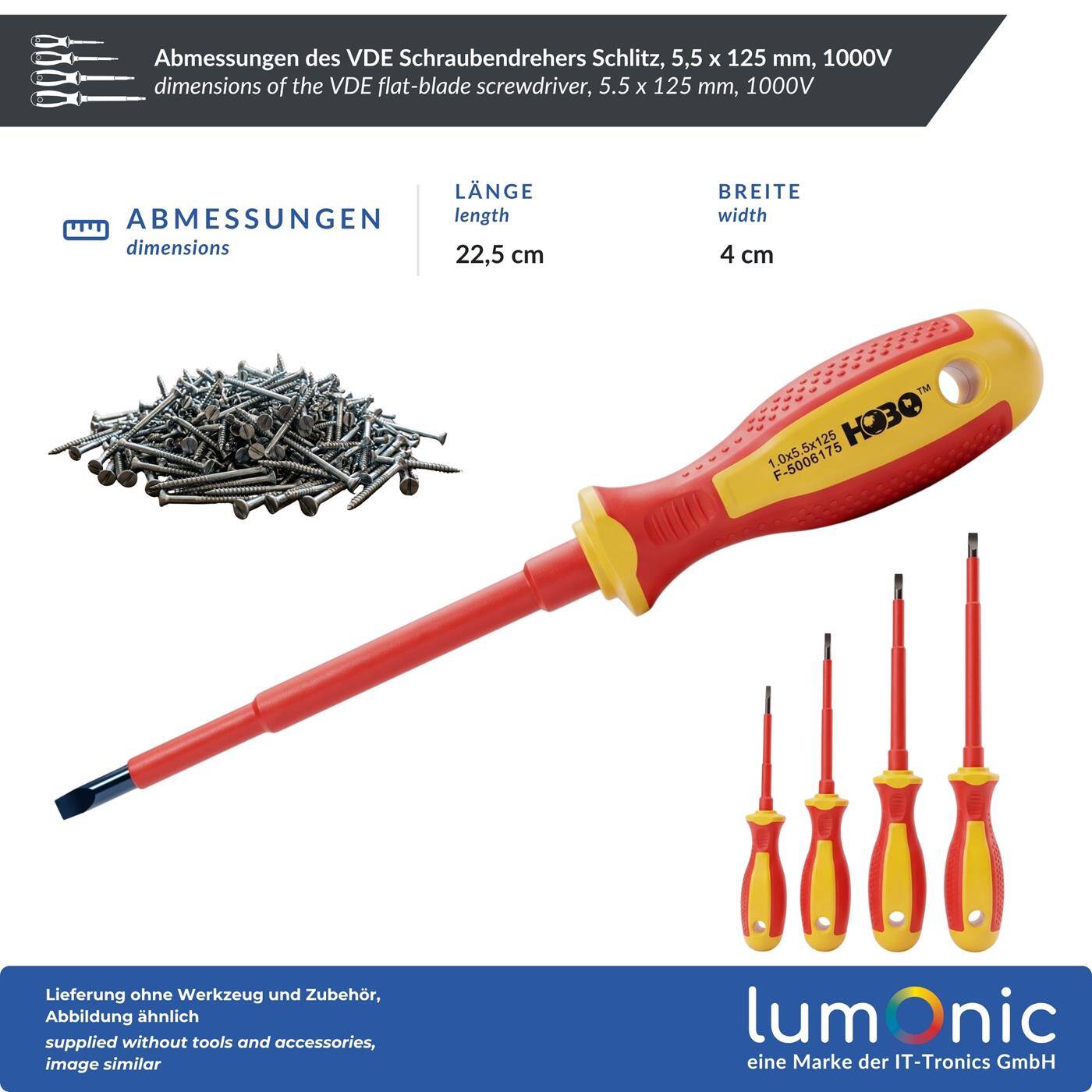 Lumonic VDE Flat-Blade Screwdriver, 5.5 x 125 mm, 1000 V — S2 steel, burnished, magnetic tip, two-component handle, for terminals, switches, and control cabinets