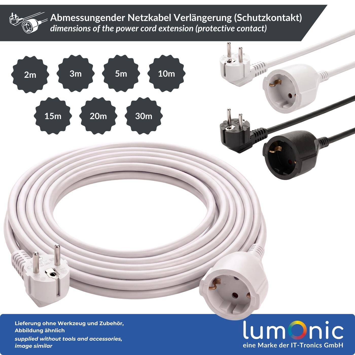 Lumonic Schuko Extension Cord, Black, 3 m, 230 V - Child-safety feature in the outlet, for washing machines and dishwashers, kink-resistant plug
