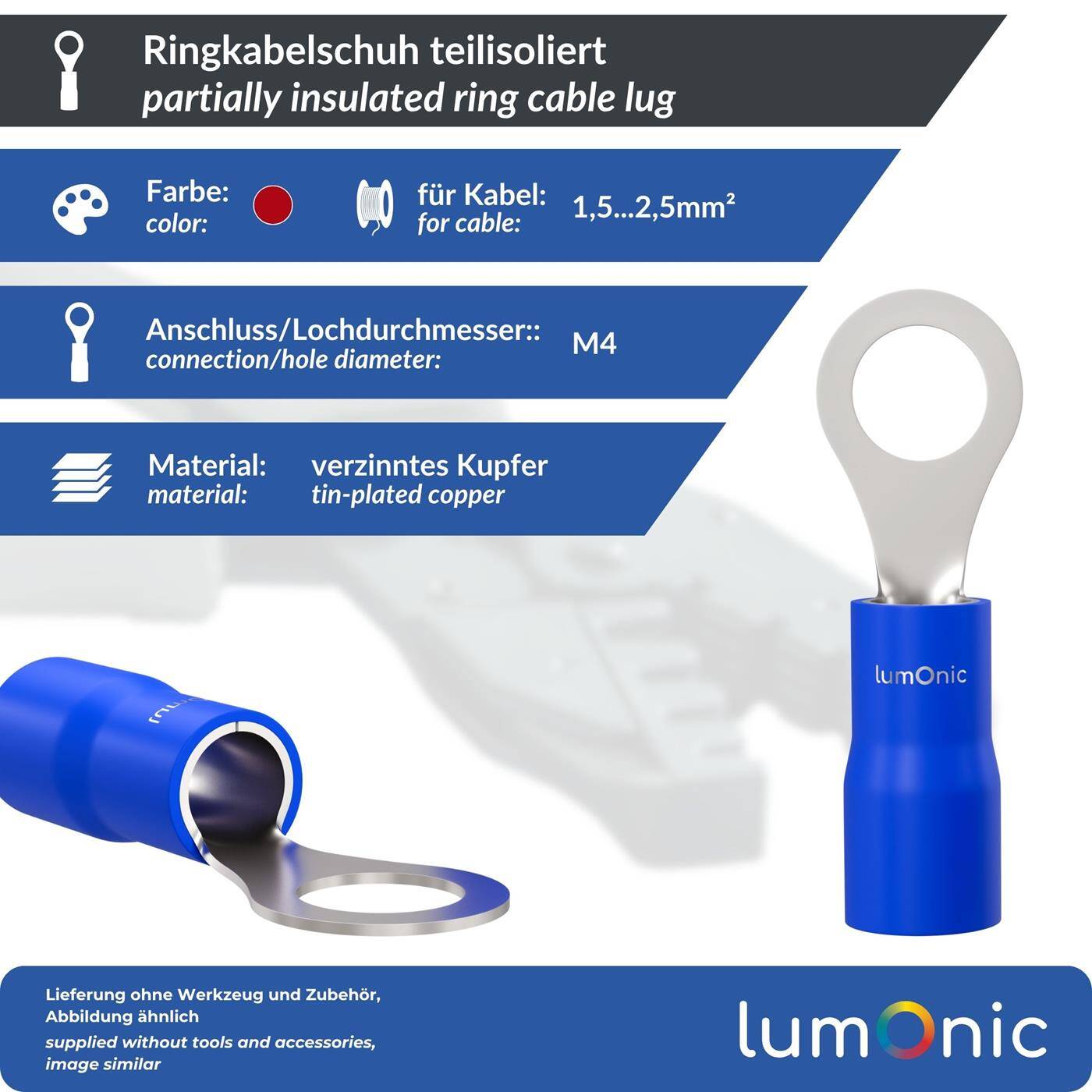 Lumonic 25x Ring cable lug 1,5-2,5mm² Partially insulated | M4 | Tinned copper | Secure cable connection without soldering | Set, crimp cable lug, crimp connector, eyelet | Motor vehicle, mechanical engineering, motorhome, battery