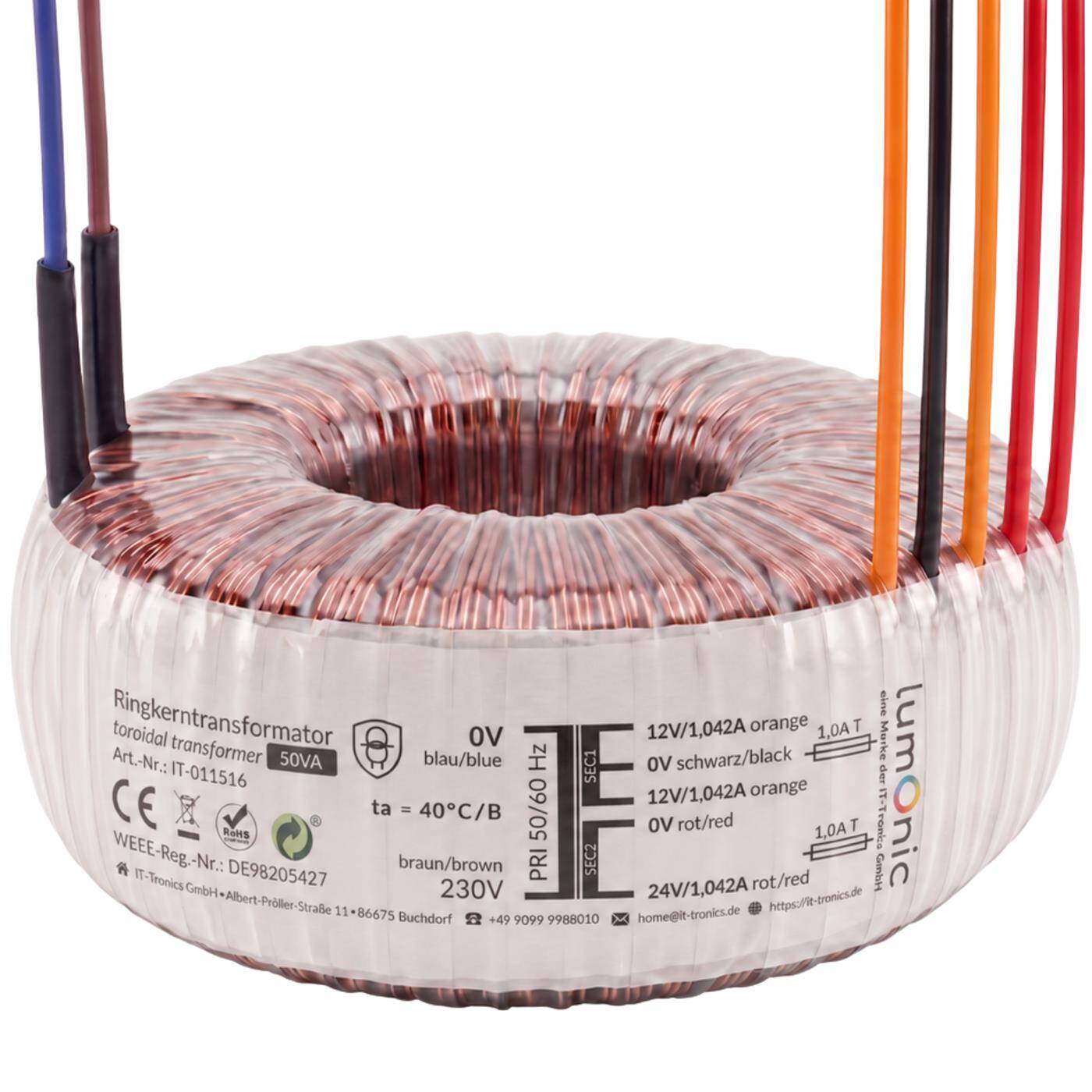 Lumonic Toroidal Transformer, 50 VA, 2x 12 V + 24 V, 230 V - Toroidal transformer, 230 V primary, 2x 12 V + 24 V simultaneously, for amplifier construction, power supplies, lighting