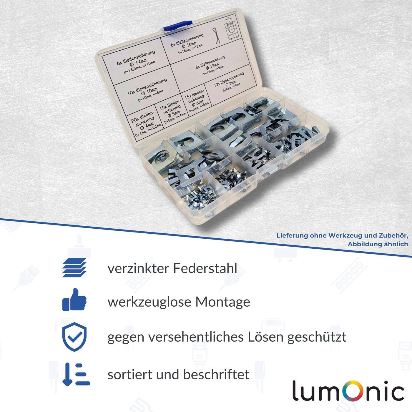 SL-Sicherungen Set 92 Teile 4-16mm verzinkter Federstahl für Wellen und Bolzen Wellensicherung Sortiment einfache, werkzeuglose Montage