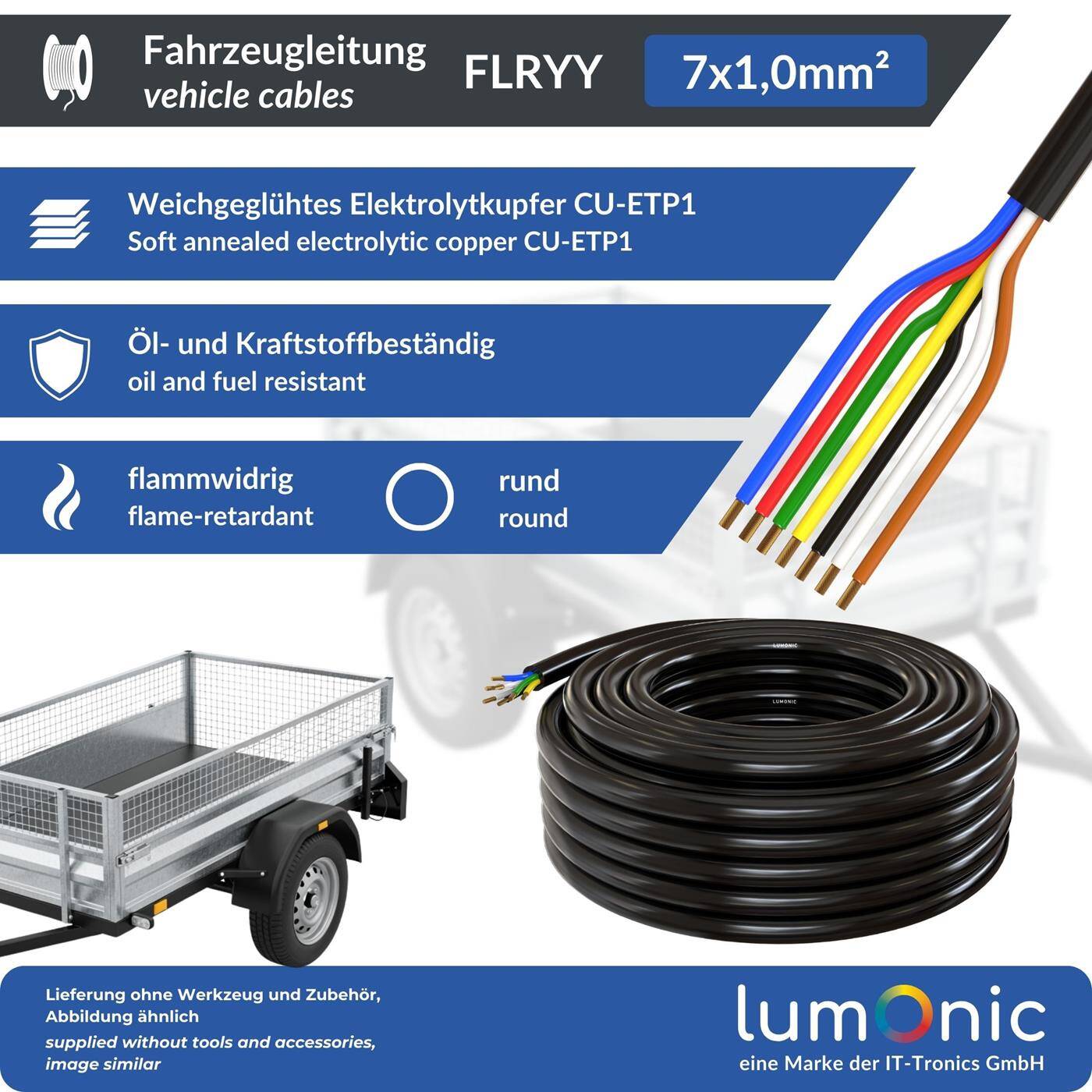 Lumonic 1m FLRYY Vehicle cable 7x1mm² black | 7-core | Trailer cable | Multi-core automotive cable | Oil and fuel-resistant, flame-retardant | Low voltage