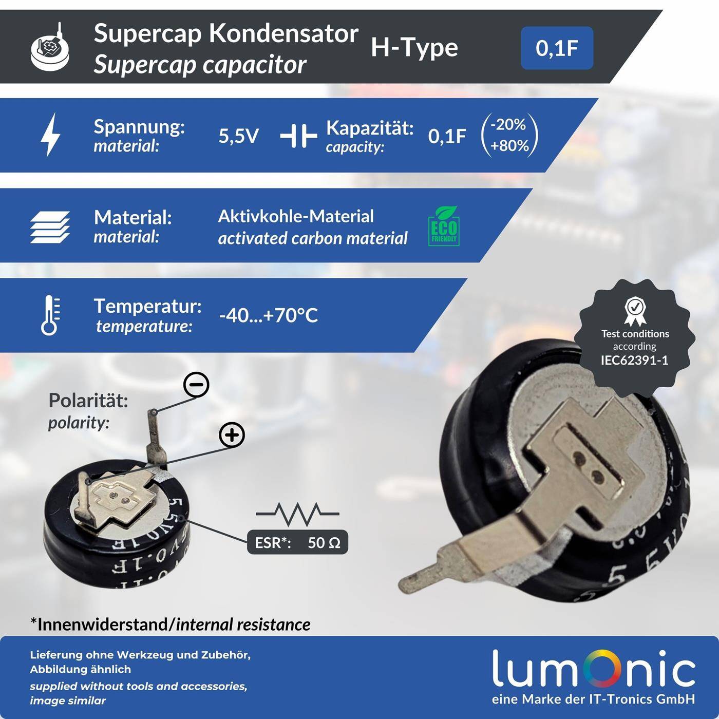 Supercap 0,1F 5,5V H-Type, EDLC for direct use, high capacity, 5.5V monoblock - no balancing necessary, flicker protection, backup, Arduino, PLC, heating