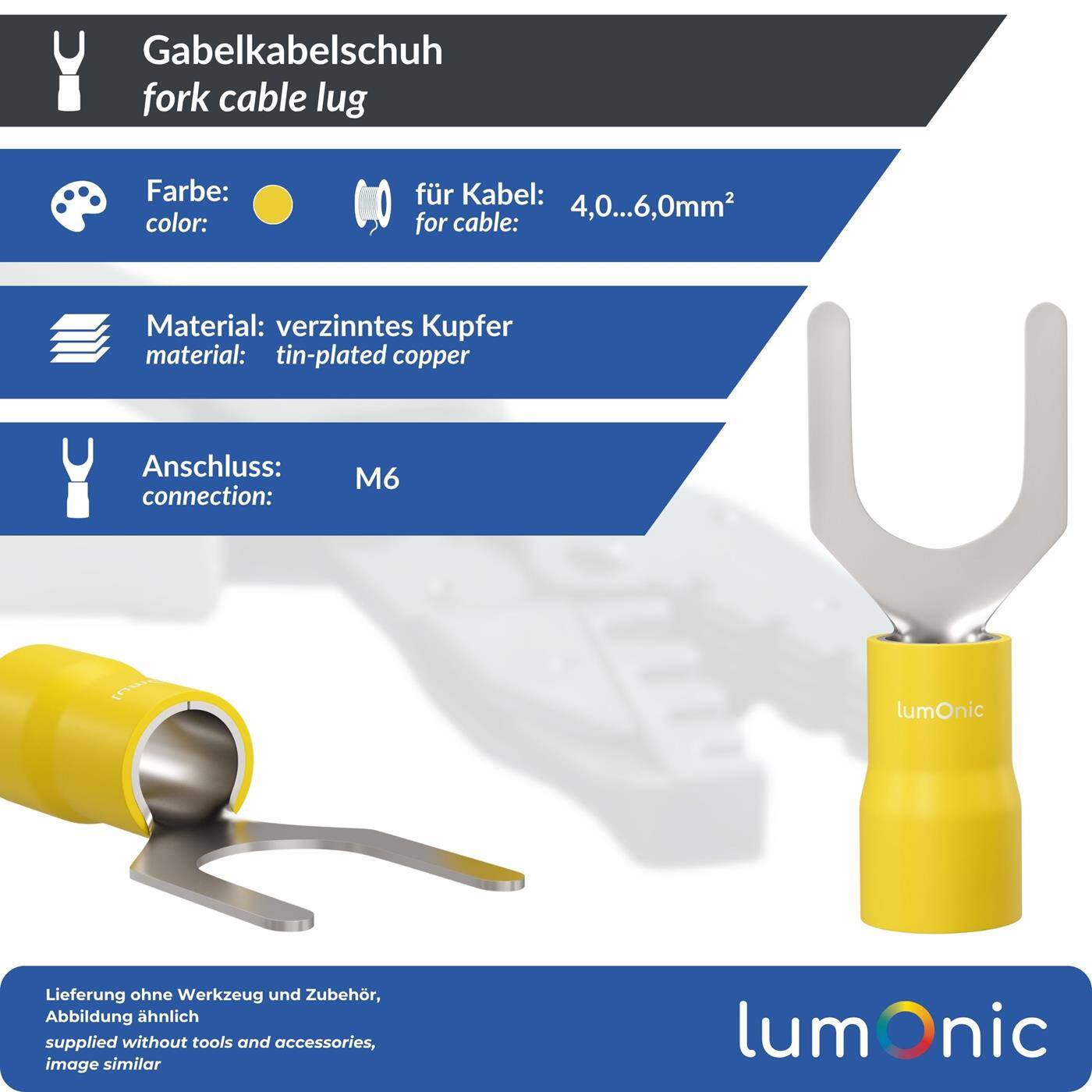 25x Forked cable lug partially insulated 4-6mm² Hole diameter M6 Yellow Ring lug Copper tinned
