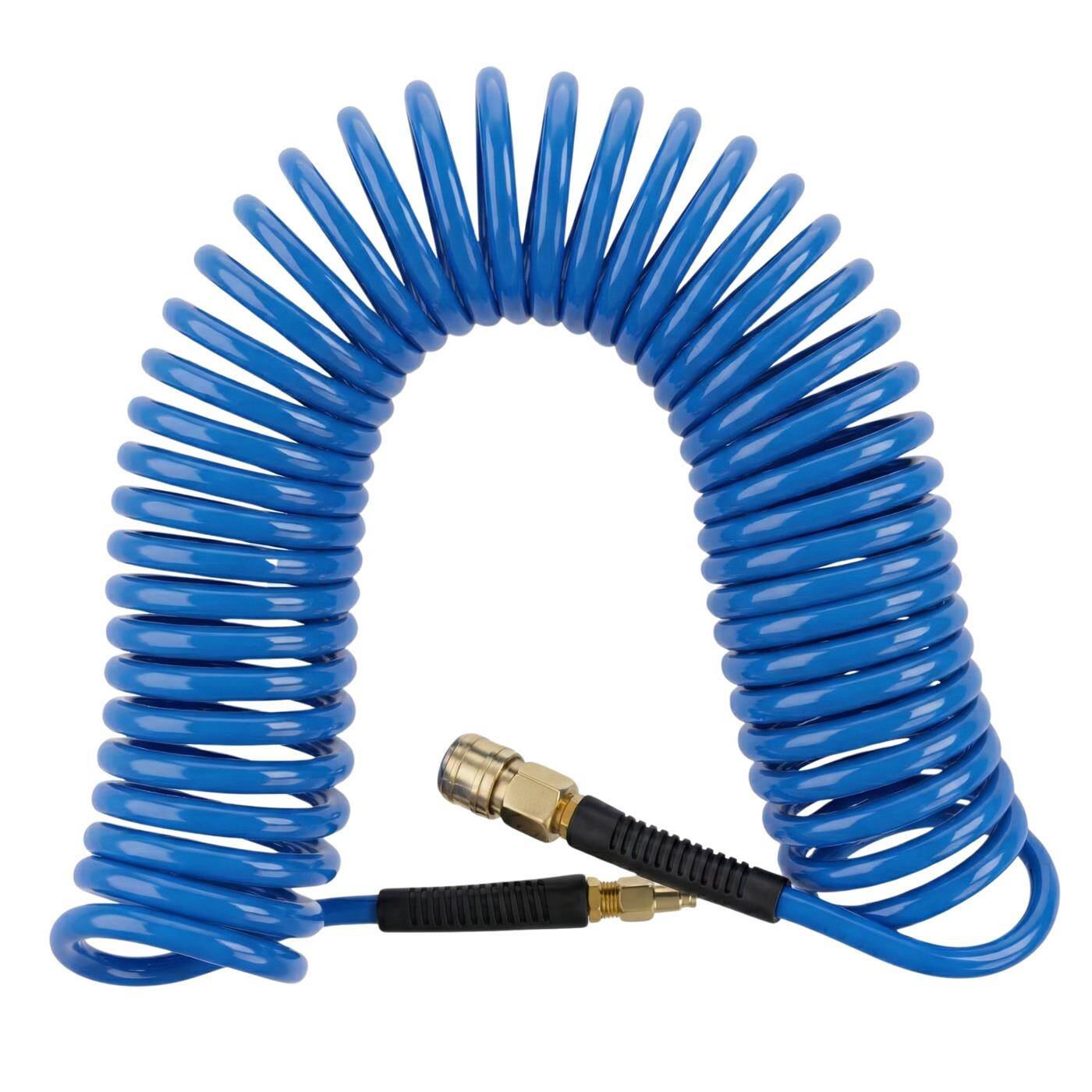 PU Spiralschlauch Premium mit Schnellkupplung 6,5mm/10mm 10m für Kompressoren und Druckluftwerkzeuge flexibel, abriebfest Druckluftverlängerung Dose & Stecker