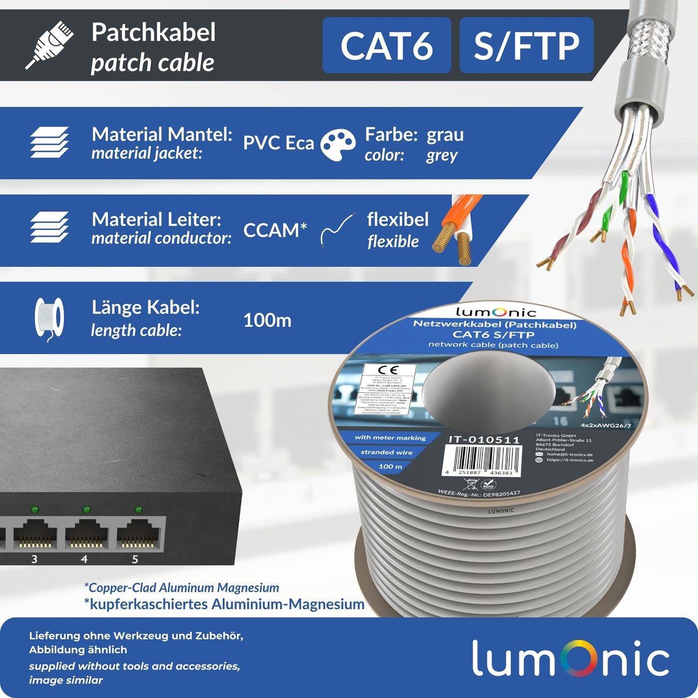 Lumonic LAN Network cable 100m | LAN Cable CAT6 S/FTP | Patch Cable  4x 2x AWG26/7 (stranded) | 250MHz 10 Gbit/s Ethernet