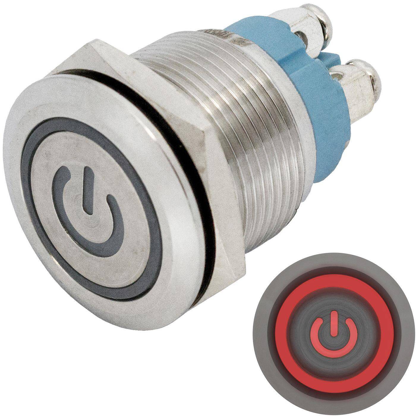 Lumonic Edelstahl Drucktaster flach 19mm Durchmesser I Mit einer Power LED in Rot Maße: Schraubanschluss 250V 3A I Vandalismussicher nach dem IP65 Standard