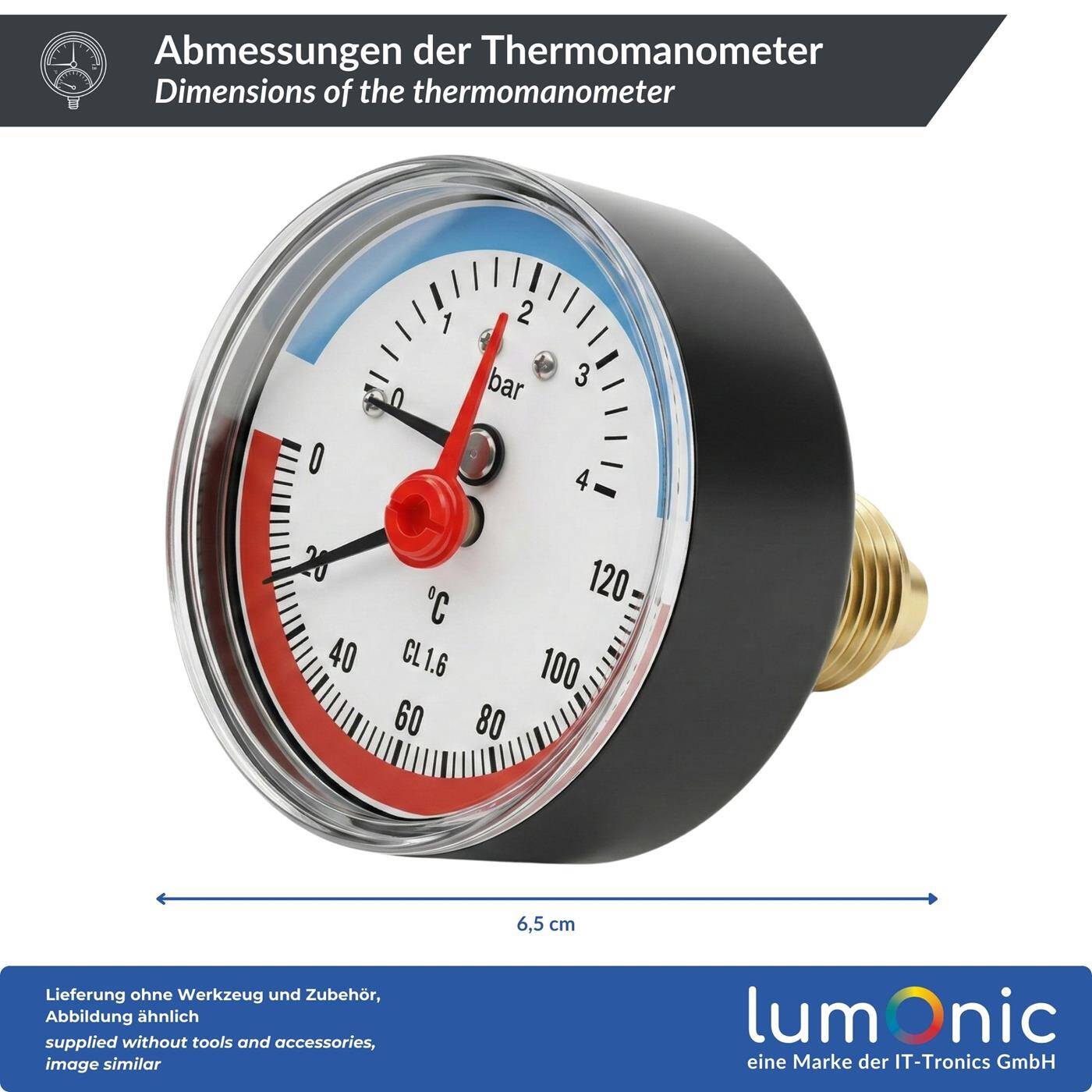 Lumonic Thermomanometer 4bar 0-120°C | 1/4 + 1/2 inch (adapter) | Rear connection | Ø 63mm, large scale | Heating pressure gauge | Metal housing