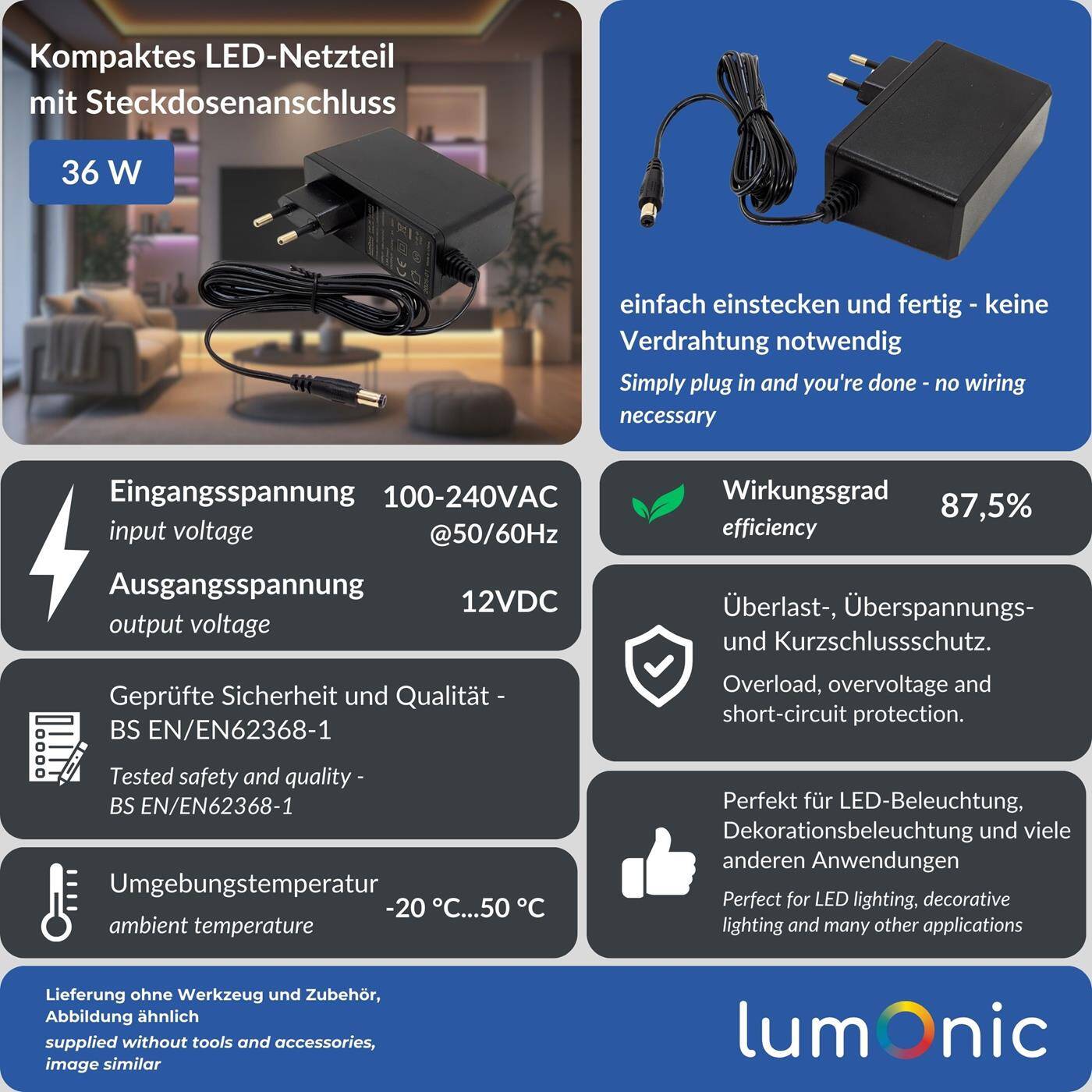 Lumonic I LED plug-in power supply PIP-36-12 I 12V 36W I Input 100-240VAC I Extra long cable with hollow plug 5,5/2,1 I Overload protection I universeller EU-Netzadapter I for LED strips