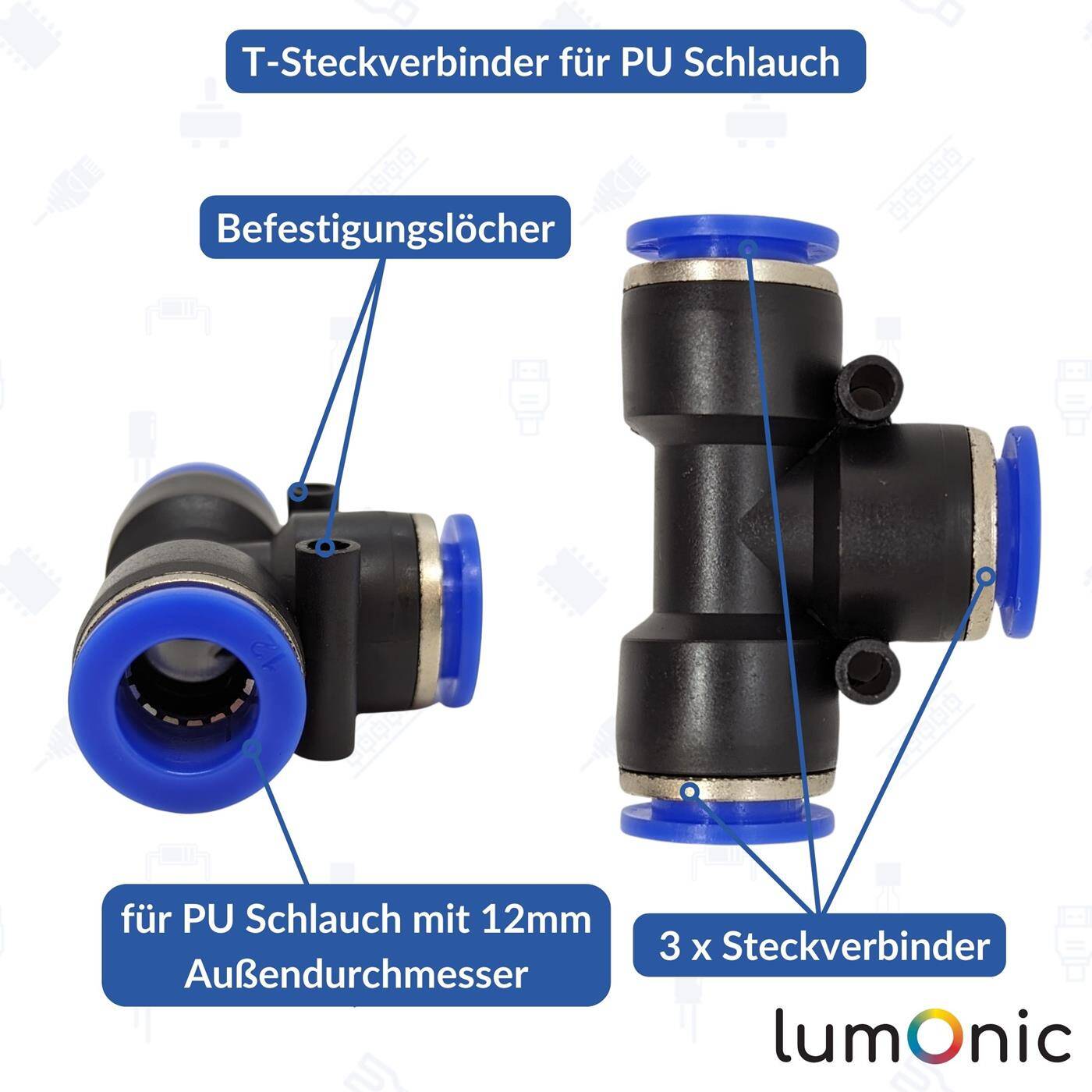 PU hose T-connector 12mm T-piece Push-in Pneumatic plug connector T-distributor Compressed air