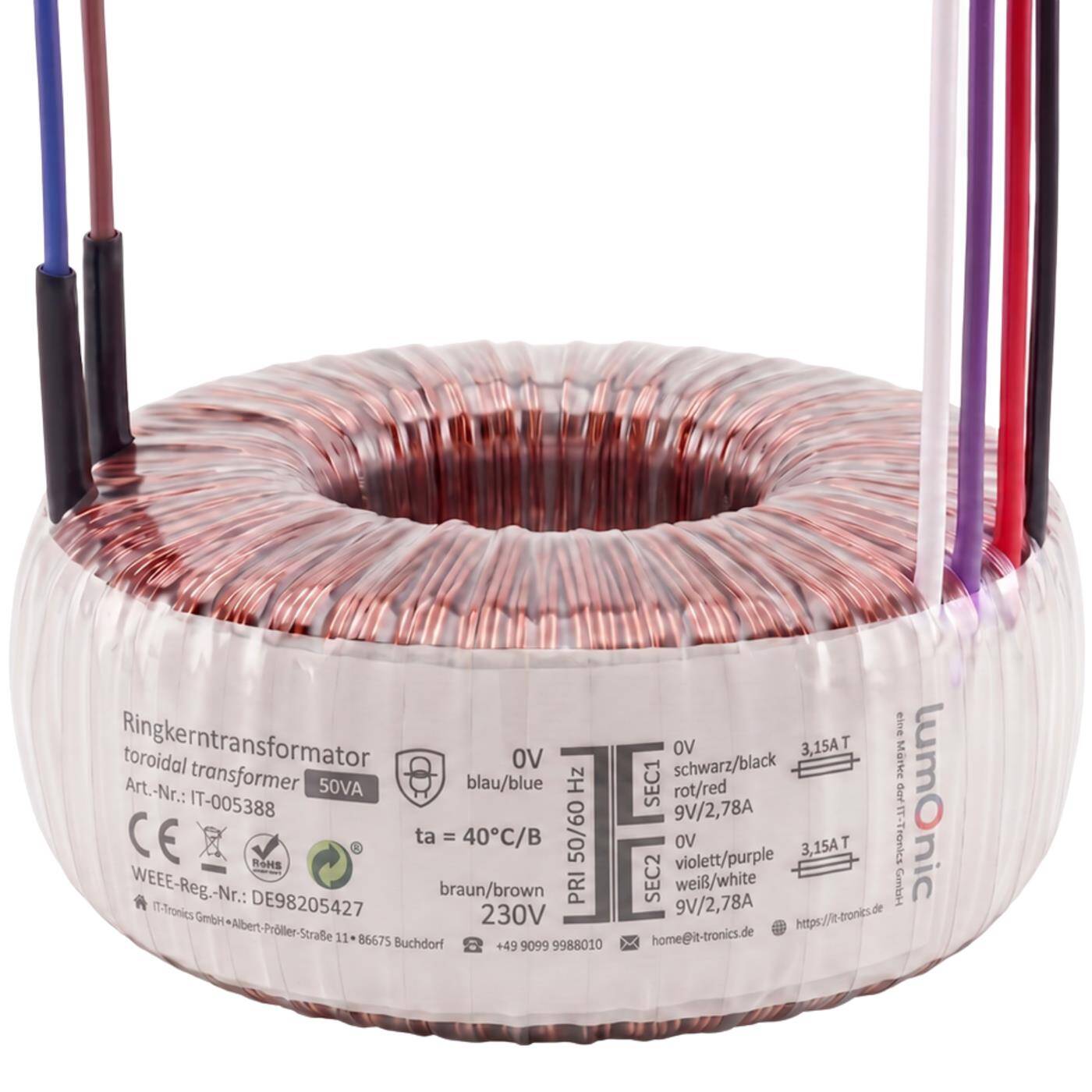 Lumonic Ringkerntrafo Transformator 50VA | Primär 230V AC | Sekundär 2x 9V AC oder 1x 18V AC | Brummarm | Transformator für HiFi Audio Verstärker