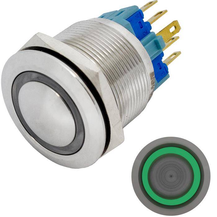 Stainless steel Pressure switch domed Ø25mm Ring LED Green IP65 2,8x0,5mm Pins 250V 3A Vandal-proof