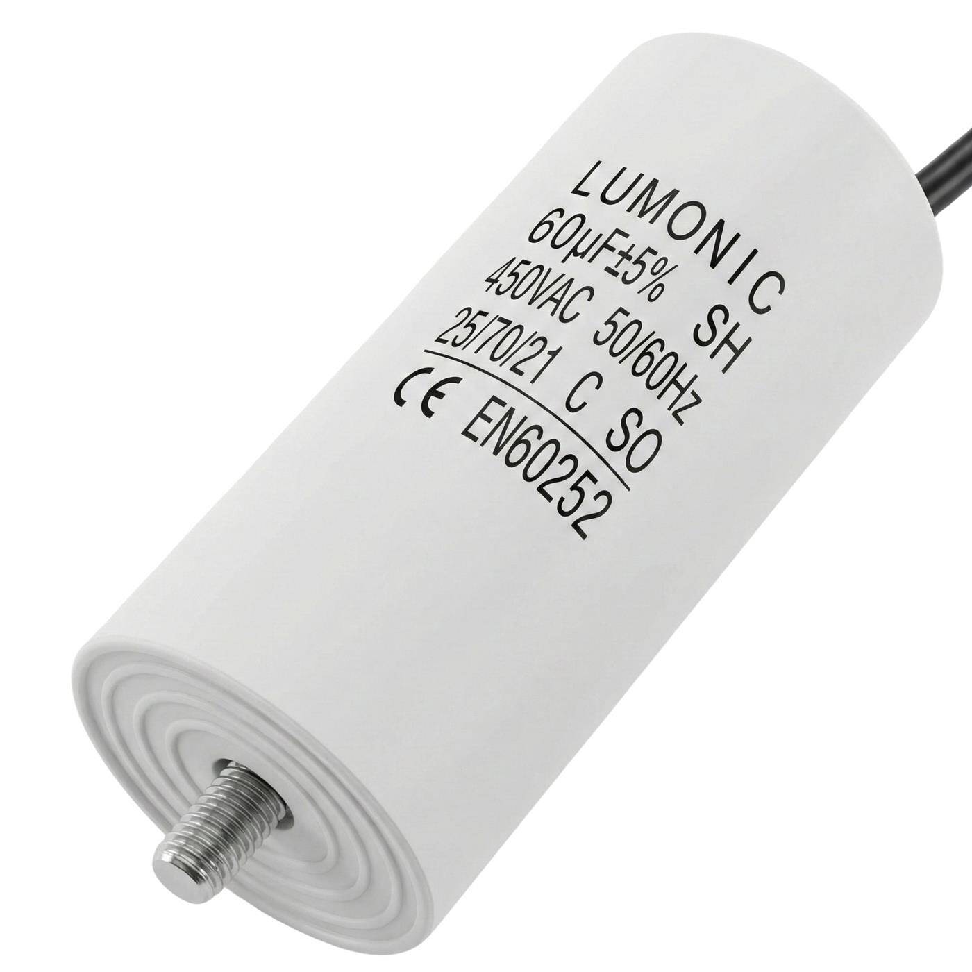Lumonic Anlaufkondensator 60µF 450V | mit Kabel I 45x100mm I 60uF I Motorkondensator mit Kunststoffgehäuse I Betriebskondensator I für Pumpen, Rasenmäher, Werkzeuge