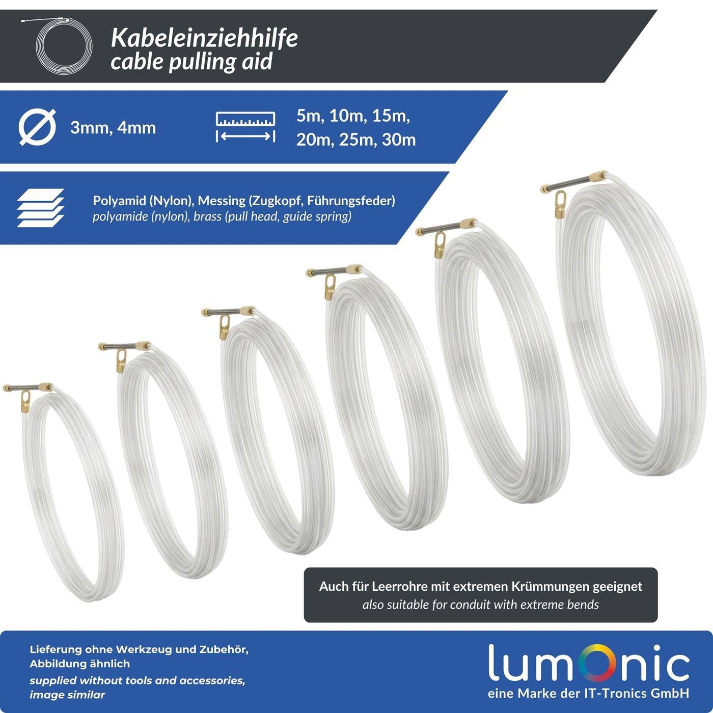 1m Kabeleinziehhilfe 3mm Polyamid Nylon Zugdraht mit Führungsfeder Kabel Einziehband