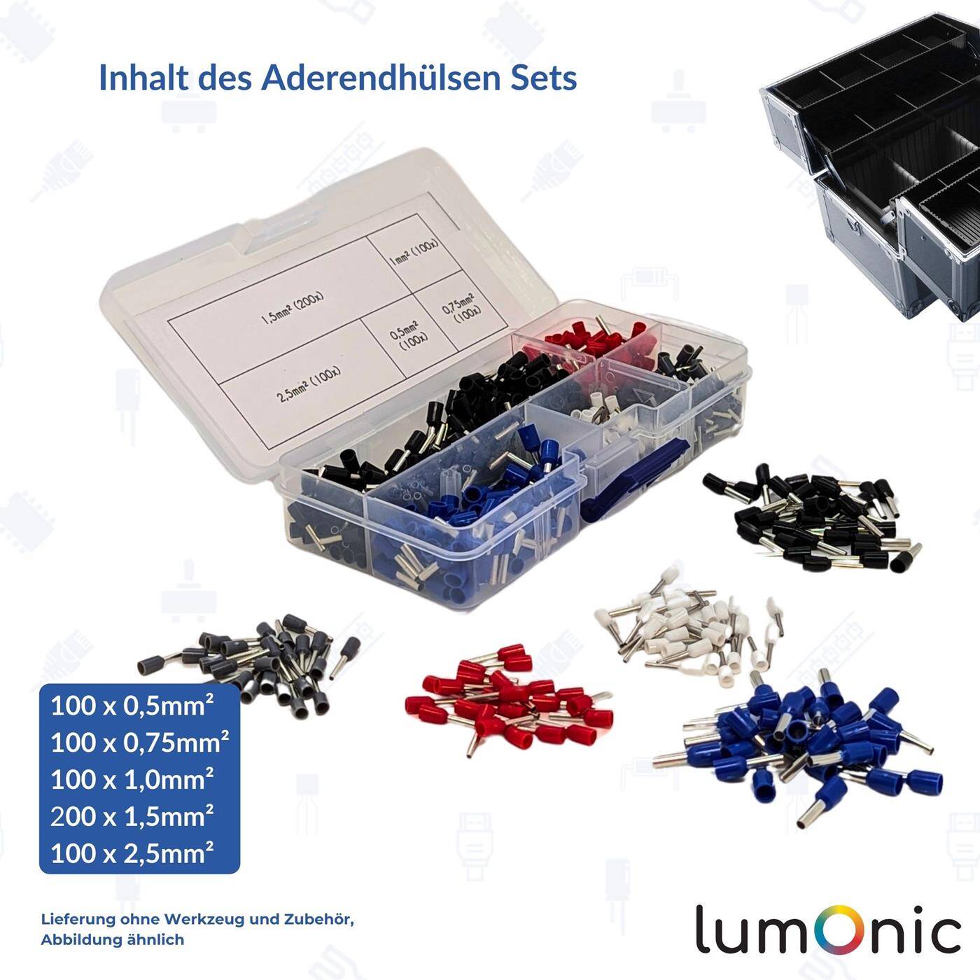 Insulated wire end ferrules set 0,5 bis 2,5mm² 600 parts Wire end ferrules assortment Ideal for electricians