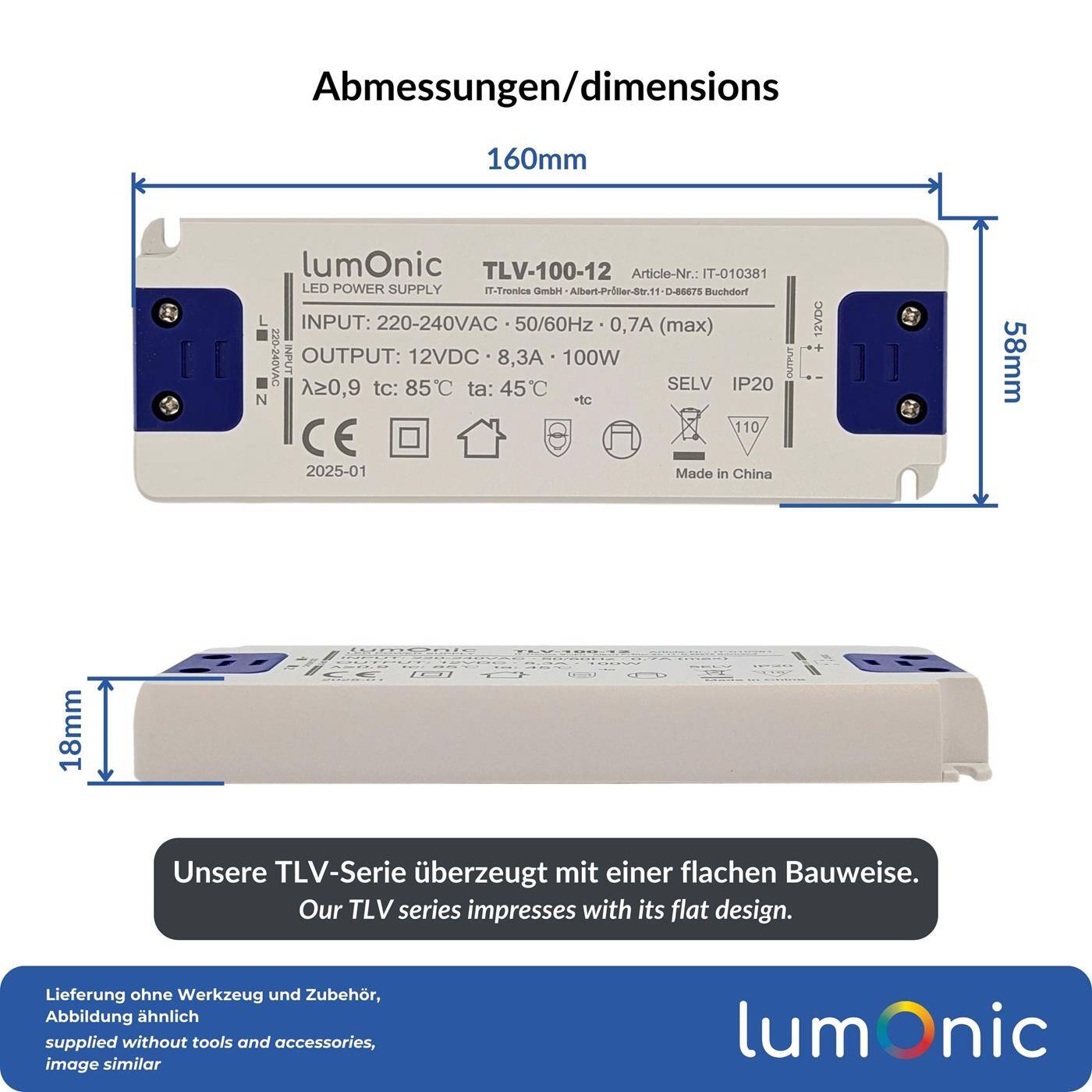 Lumonic I LED transformer TLV-100-12 I 12V 100W I Input 220-240VAC I flicker-free I Overload protection I LED power supply unit I for LED lighting
