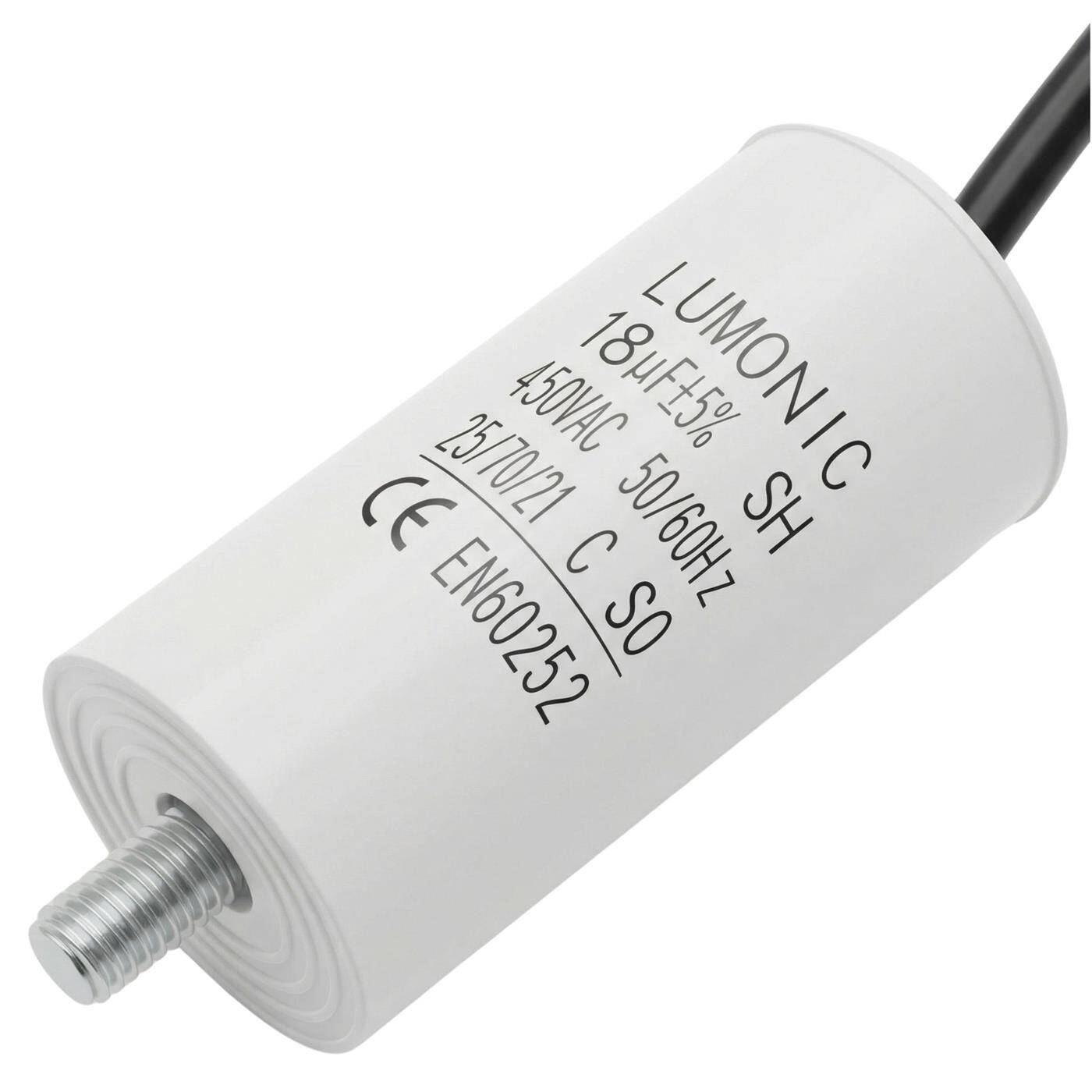 Lumonic Anlaufkondensator 18µF 450V | mit Kabel I 34x70mm I 18uF I Motorkondensator mit Kunststoffgehäuse I Betriebskondensator I für Pumpen, Rasenmäher, Werkzeuge