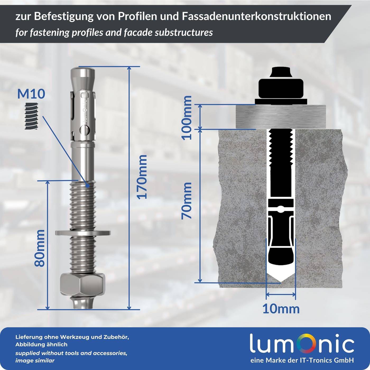 Lumonic Schwerlastdübel M10 x 170mm | hochwertige Edelstahl V2A Keilanker | Durchsteckmontage,  | Betonanker, Schwerlastanker | für Überdachungen, Geländer, Regale, Trennwände