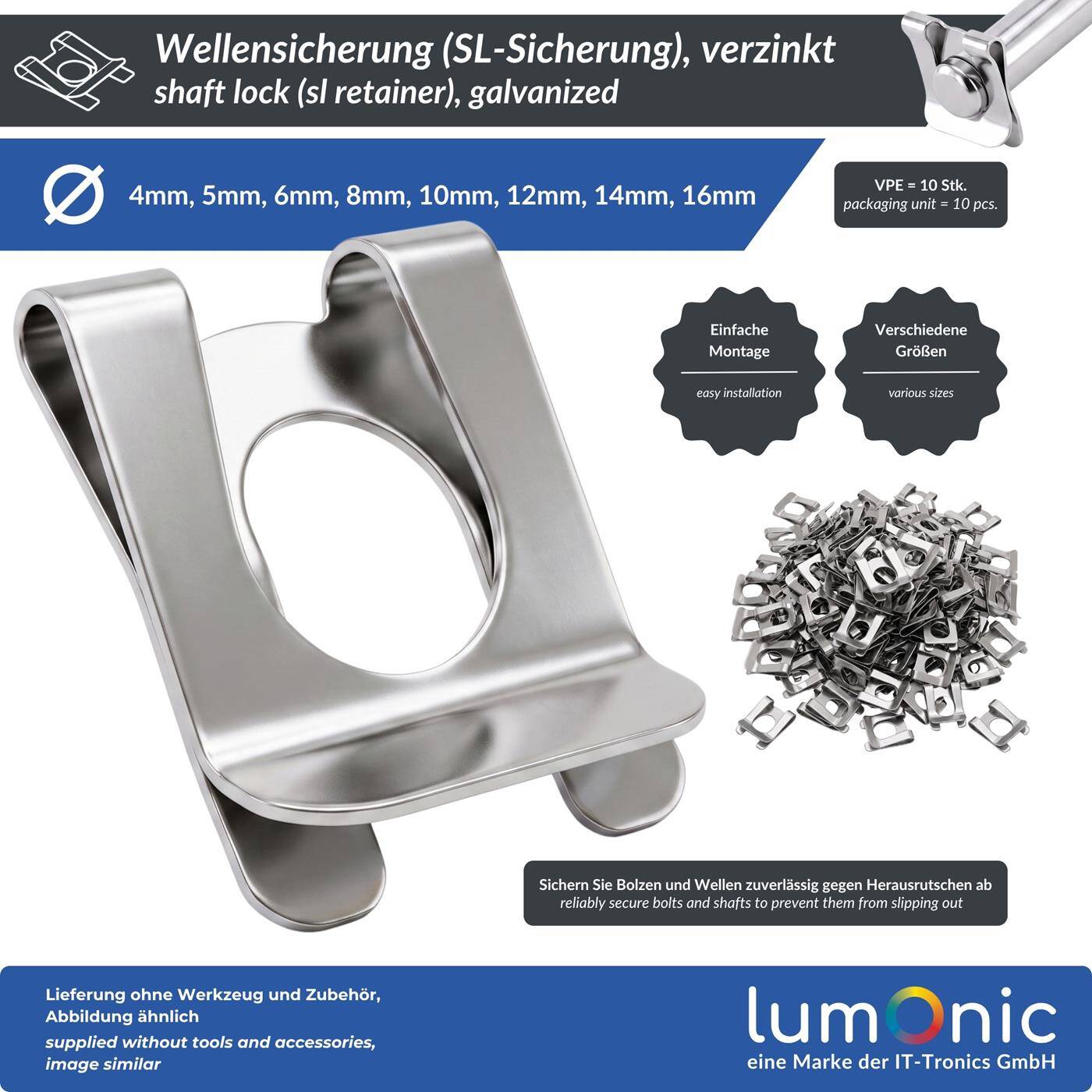 Lumonic 10 Stück SL-Sicherungen für Welle und Bolzen, Ø 14 mm - Sicherungsscheibe für genutete Wellen, Federstahl verzinkt, werkzeuglose Montage, für Garagentor und Rasenmäher