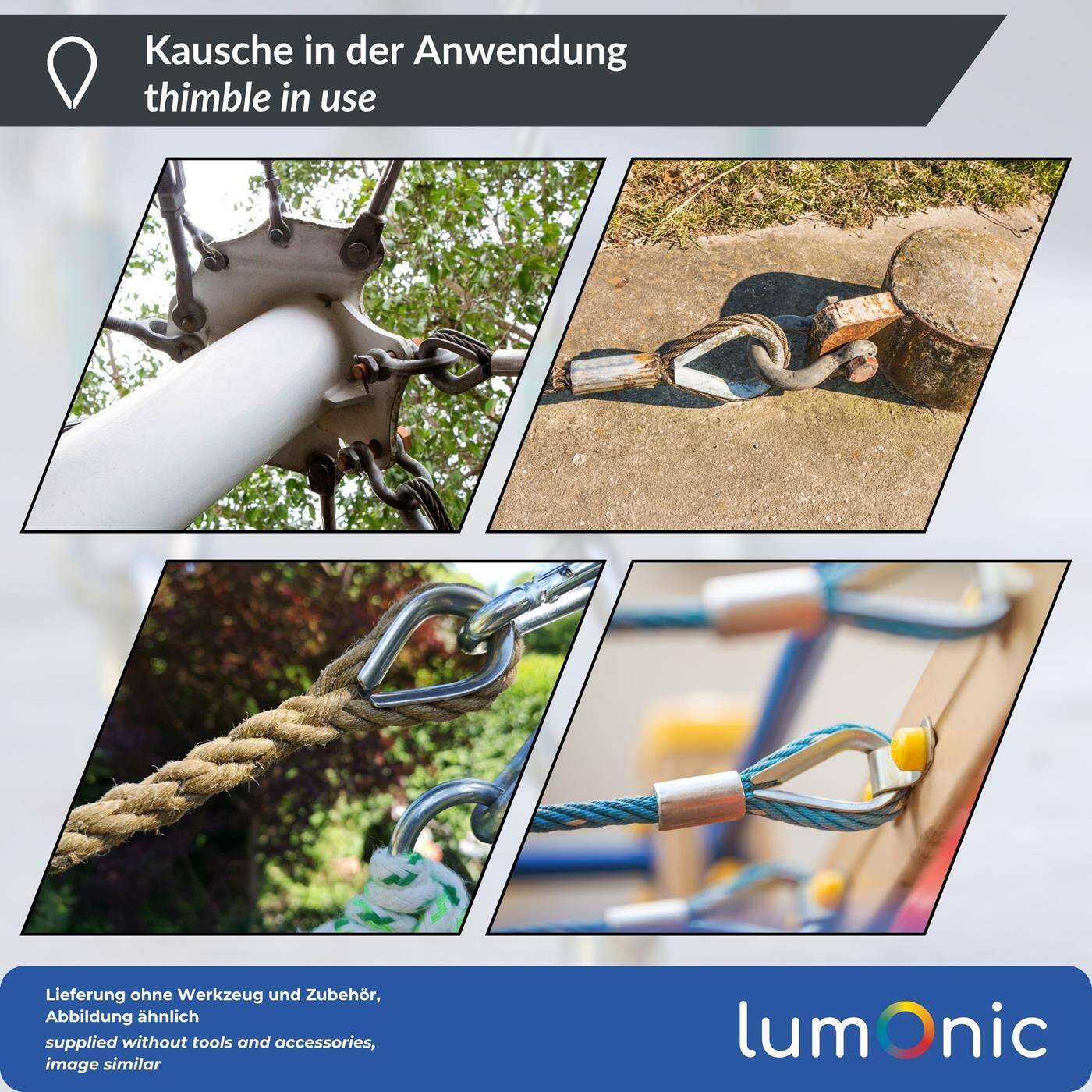 Lumonic Kausche für Ø5mm Drahtseil | V2A 304 Edelstahl rostfrei | abgerundeten Kanten | Zubehör für Stahlseil, Seile | Seilöse für Rankhilfe, Wäscheleine, Lampen, Sichtschutz, Sonnensegel, Zaun, Pflanzenhalterung