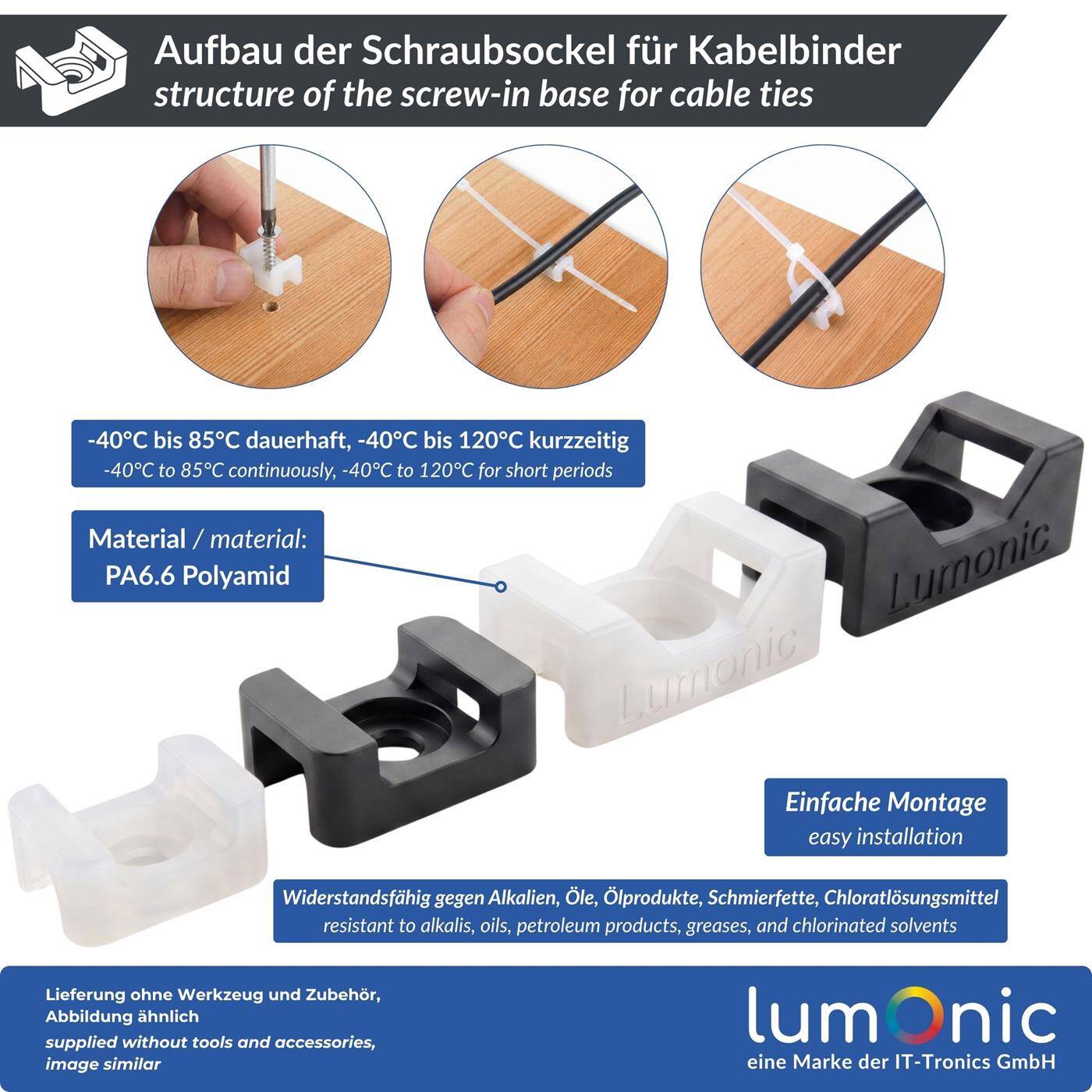 50/100 Stück Schraubsockel für Kabelbinder, 15x10mm, 21x16mm, 40x16mm