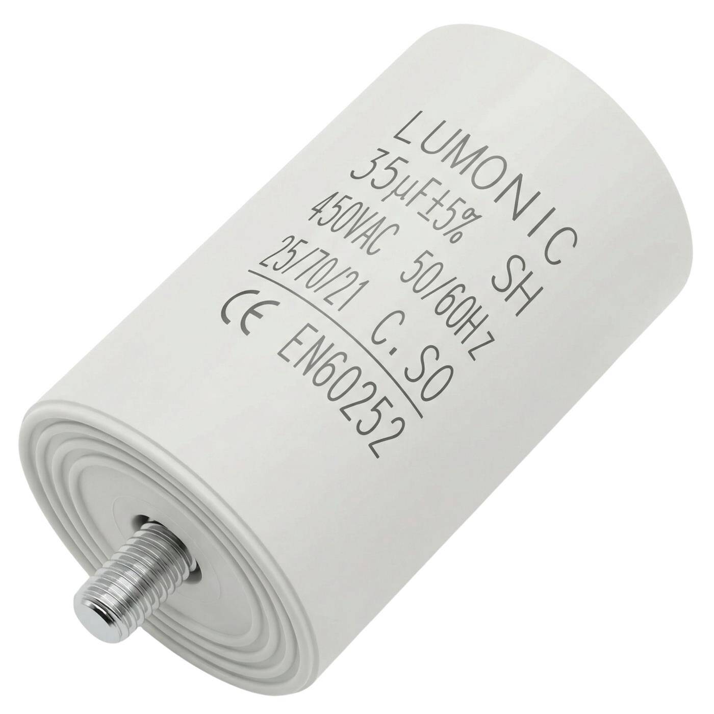 Lumonic Anlaufkondensator 35µF 450V | mit Stecker I 45x75mm I 35uF I Motorkondensator mit Kunststoffgehäuse I Betriebskondensator I für Pumpen, Rasenmäher, Werkzeuge