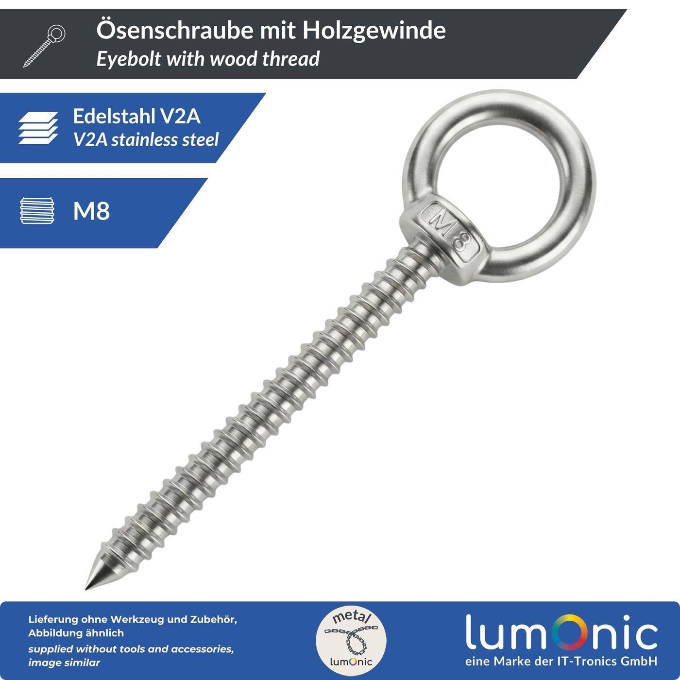 Lumonic Eye bolt V2A stainless steel with wood thread | M8x80mm |  | Attachment to beams/wooden posts | Eyebolt for awning, hammock, swing + chains