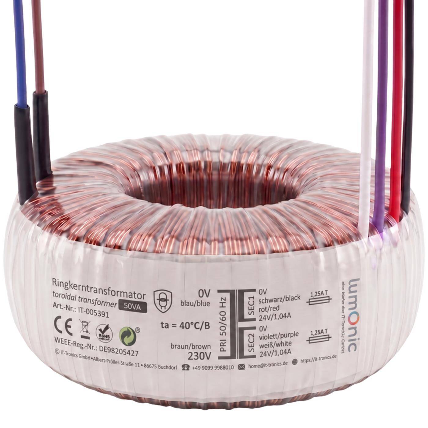 Lumonic Ringkerntrafo Transformator 50VA | Primär 230V AC | Sekundär 2x 24V AC oder 1x 48V AC | Brummarm | Transformator für HiFi Audio Verstärker