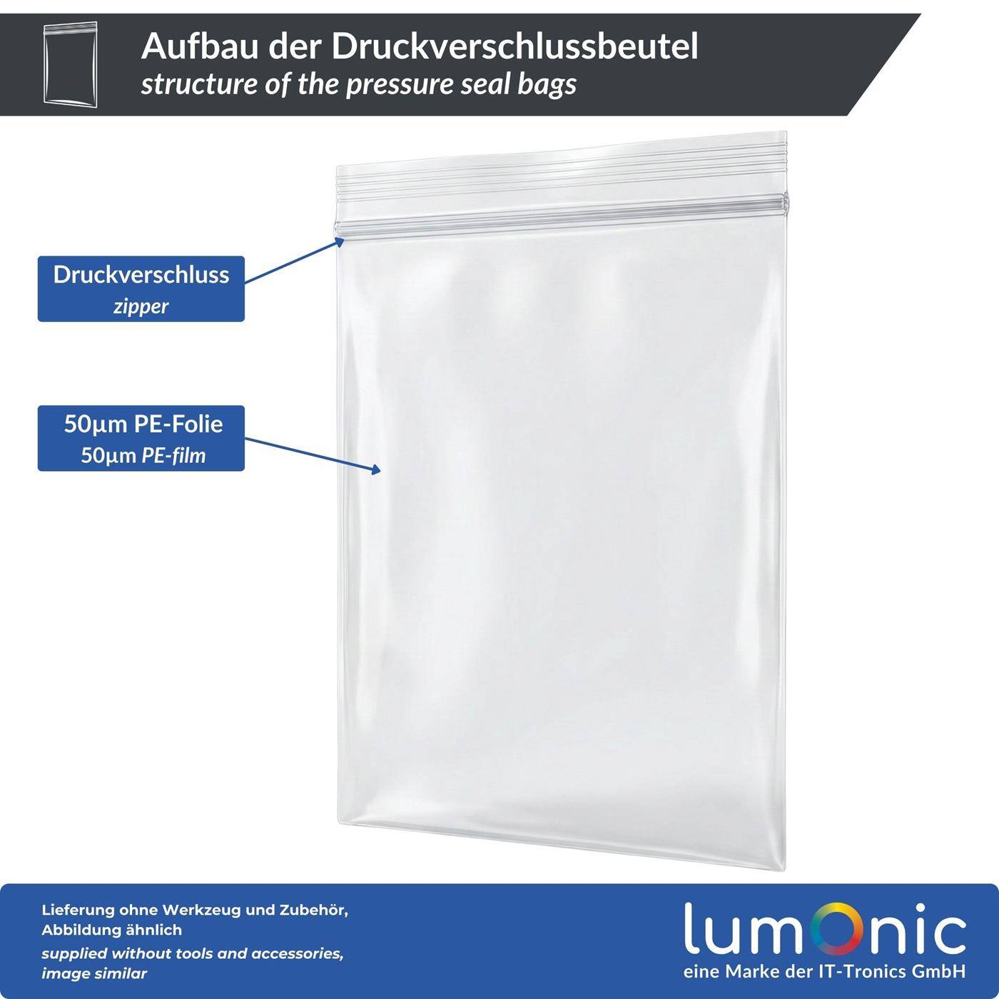 100x Lumonic Pressure seal bag 160x220mm | 50µm | Transparent, tear-resistant + odorless | Zip bag for small parts, travel, storage