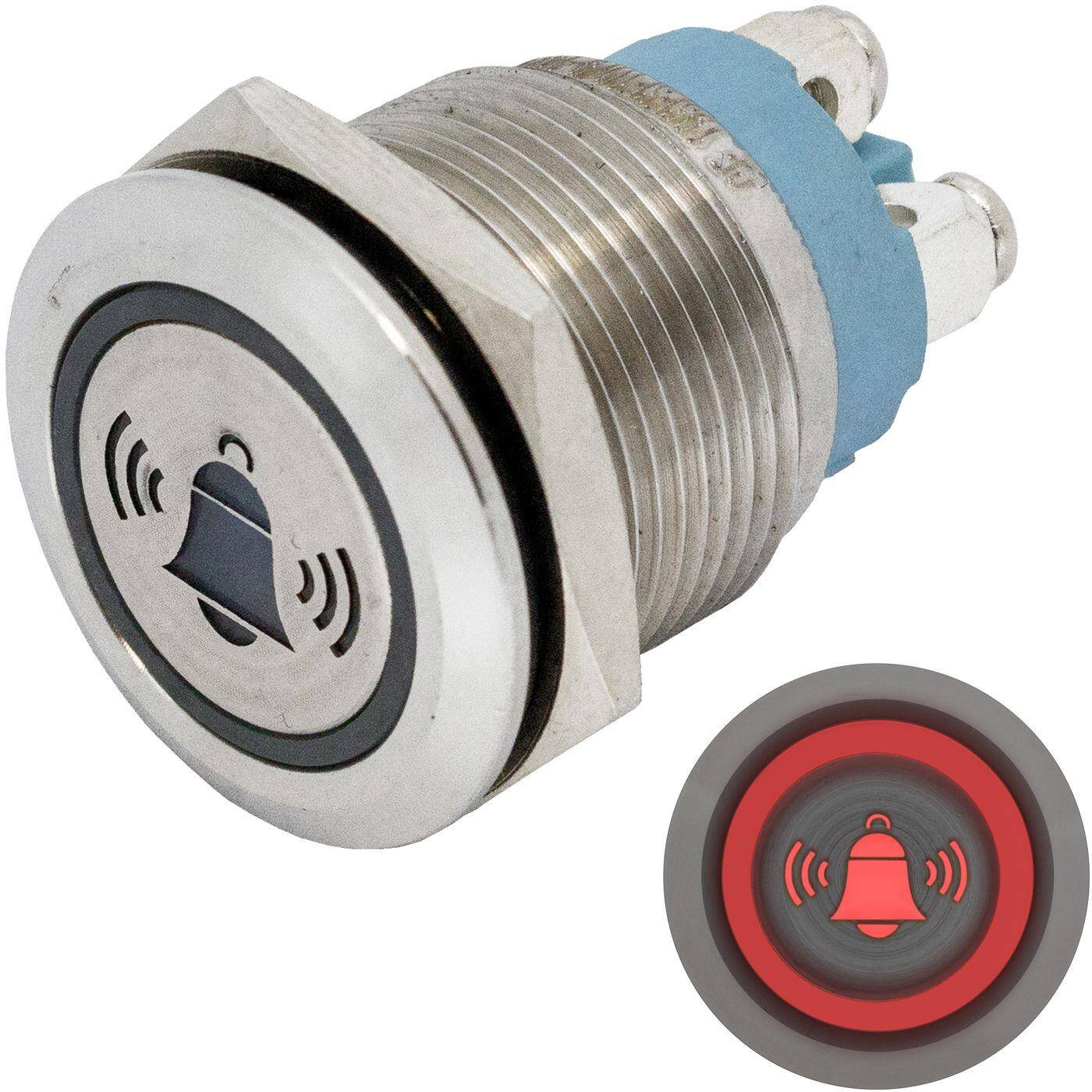 Lumonic Edelstahl Drucktaster flach 19mm Durchmesser I Mit einer Glocke LED in Rot Maße: Schraubanschluss 250V 3A I Vandalismussicher nach dem IP65 Standard