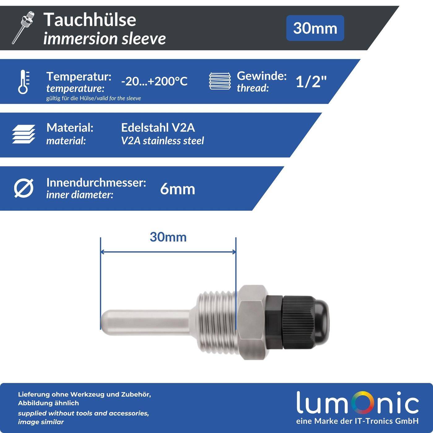 Lumonic Set of 2 immersion sleeves V2A stainless steel 1/2 inch | 30mm Installation length | Perfect fit for 6mm temperature sensors | for buffer storage, heating, solar + smart home
