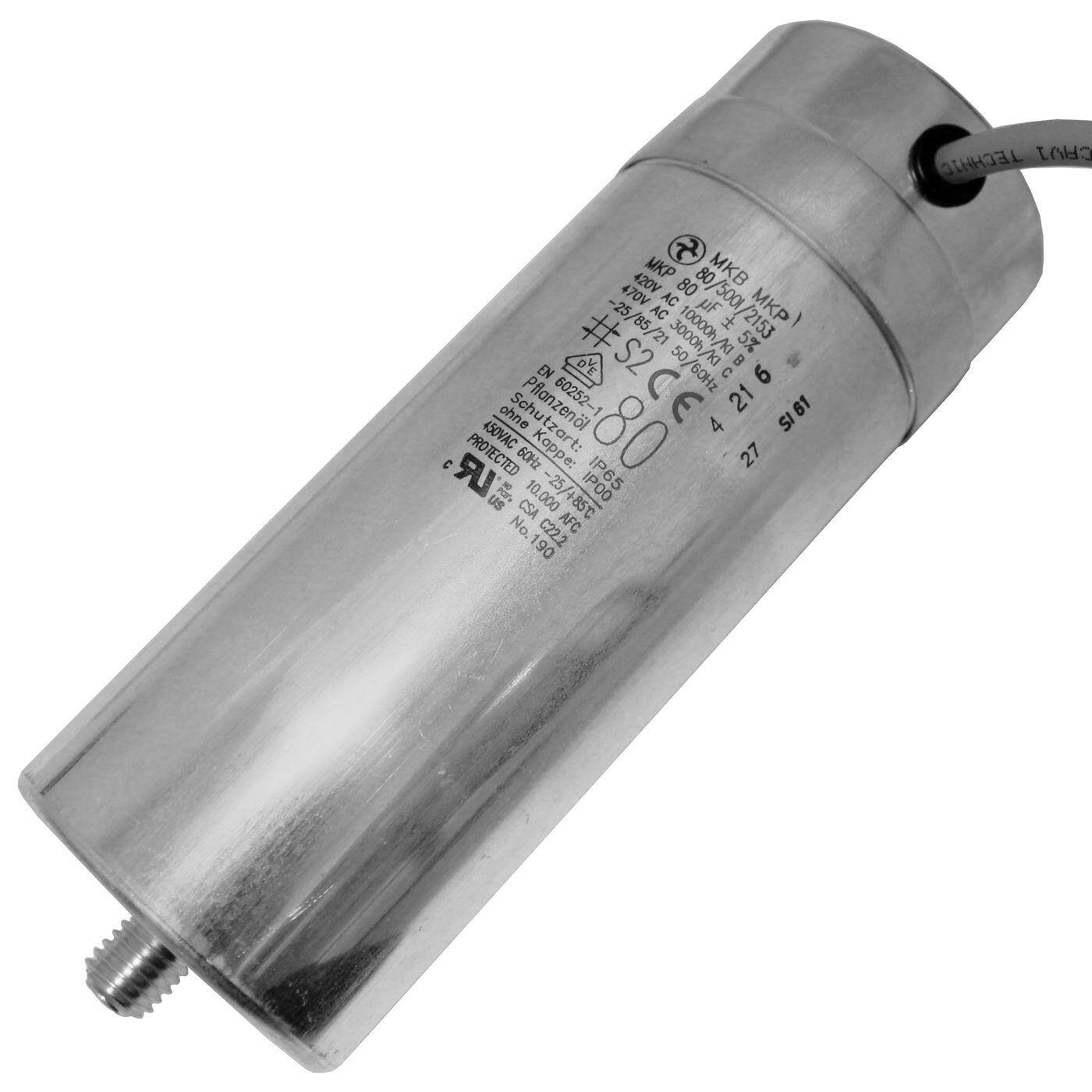 Lumonic Anlaufkondensator Hydra MKP-500 80-C inkl. Kabel 50cm | Motorkondensator 80µF 420V 60x165mm I Kondensator mit hochwertigem Metallgehäuse