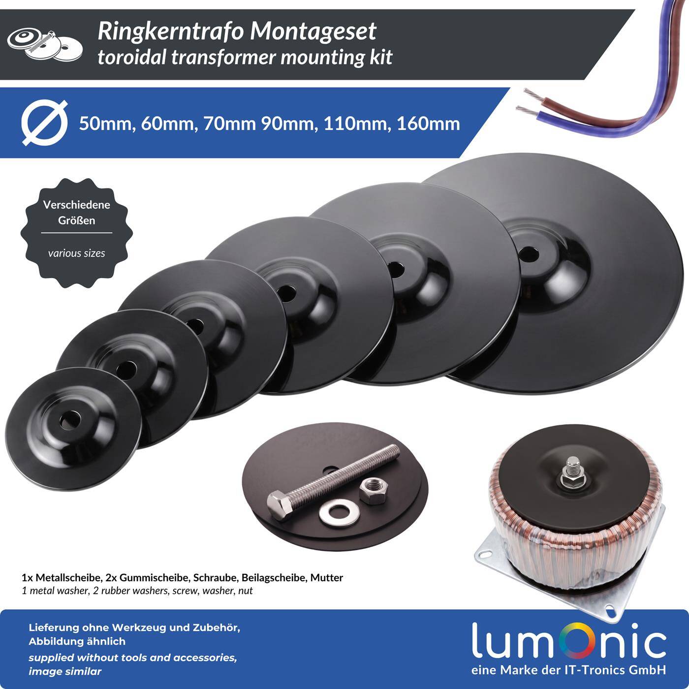 Lumonic Mounting kit with rubber washers for toroidal transformers, 90 mm—size = washer diameter, 6-piece mounting kit, mechanical decoupling, for equipment manufacturing and DIY hi-fi projects