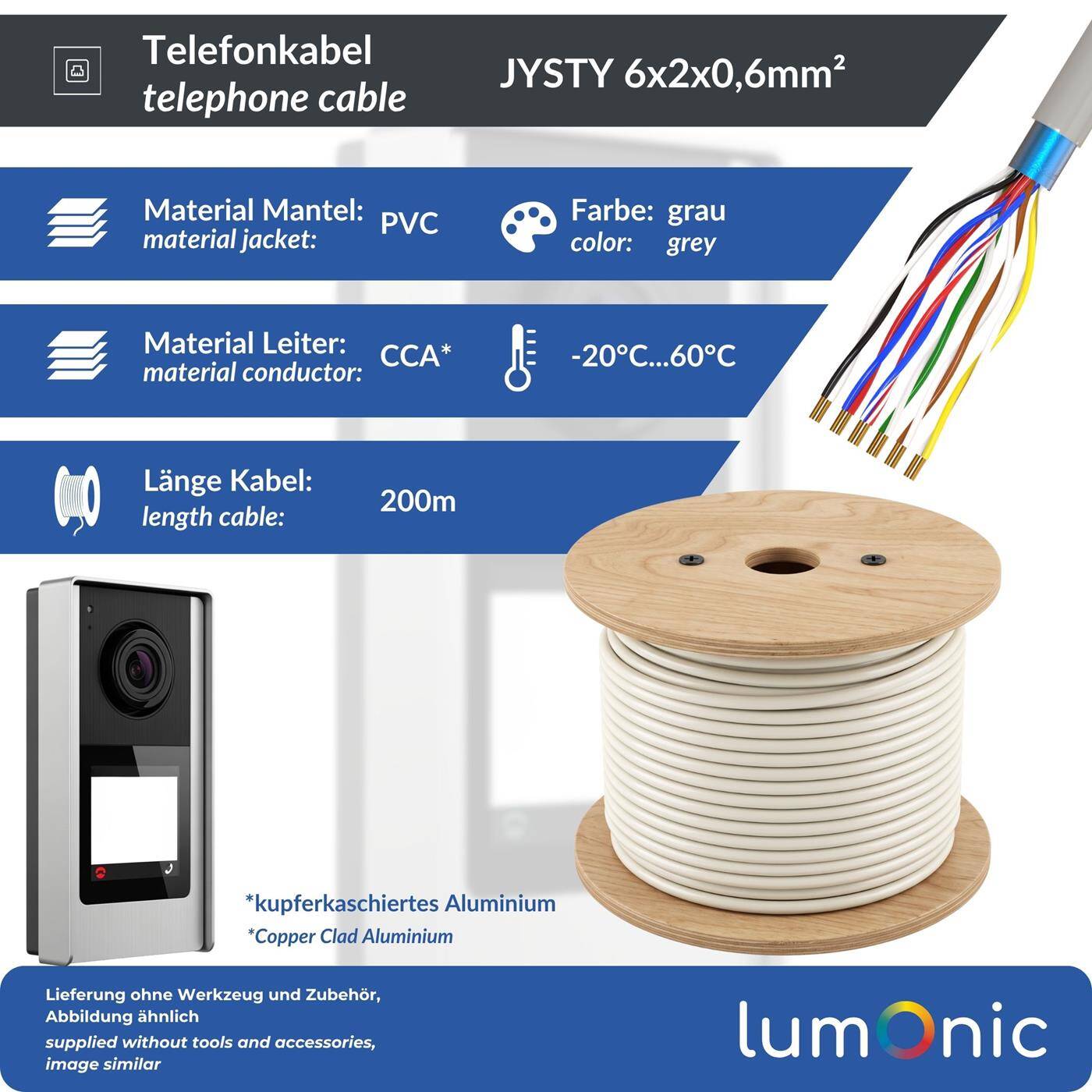Lumonic Telefonkabel JYSTY grau auf Holzrolle | 6x2x0,6mm CCA | 200m | farbcodiert & geschirmt | Metermarkierung | Fernmeldekabel, Telefonanschlusskabel